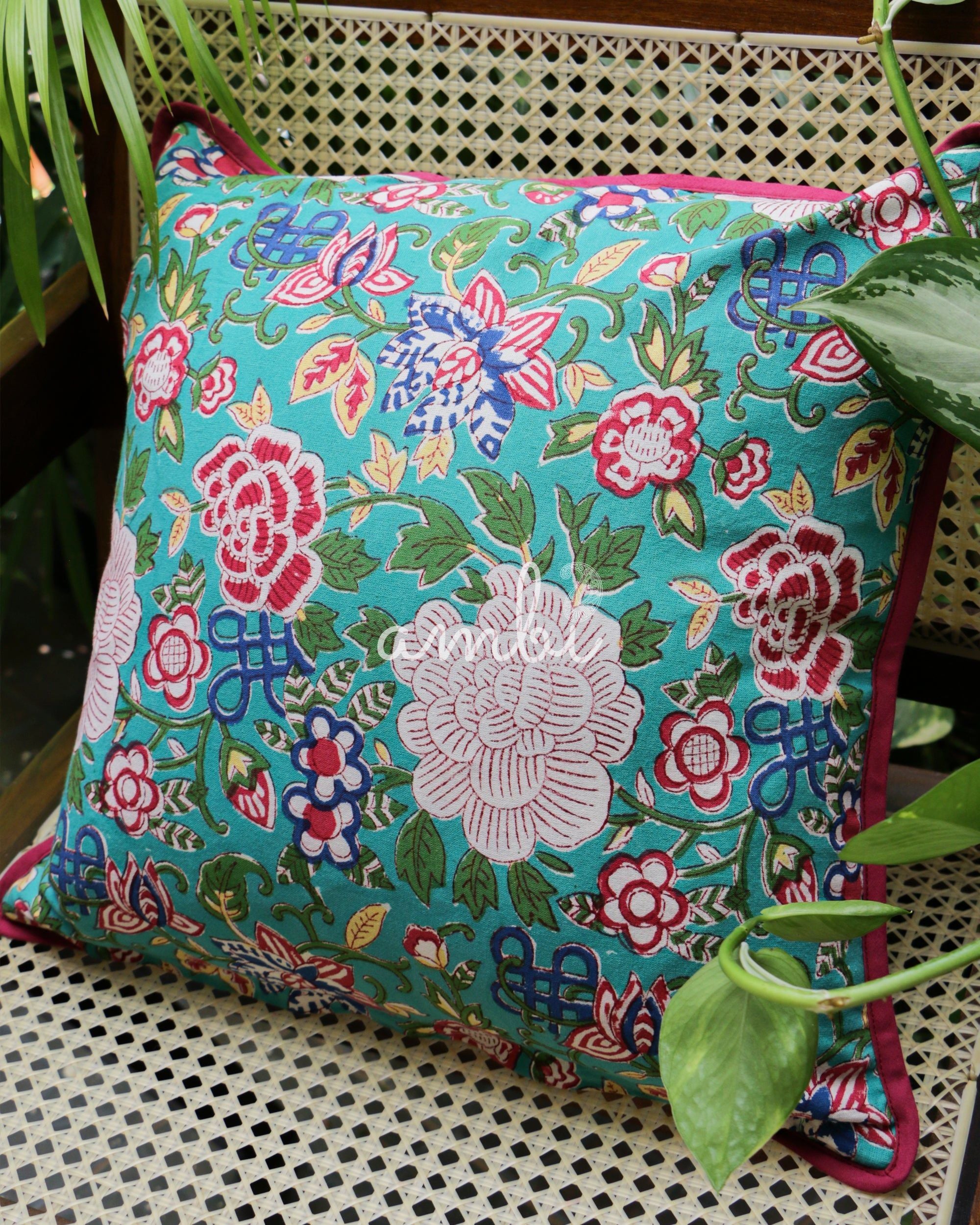 2026 Collection - Hand Block Printed Double Side Cushion Cover Cyan & Pink (Set of 5) - 16 X 16 inches