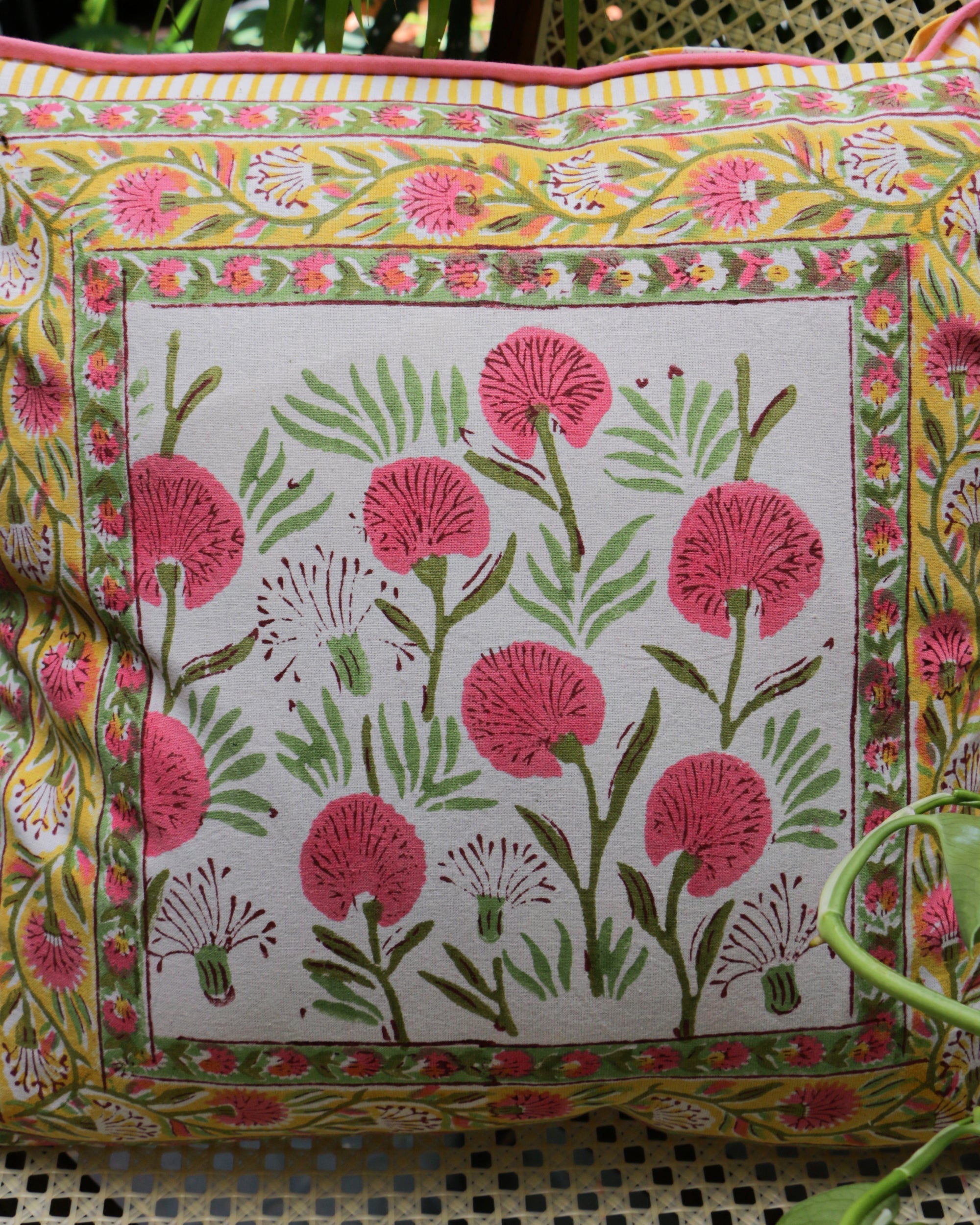 2026 Collection - Hand Block Printed Double Side Cushion Cover Yellow ( Set of 6) - 16 X 16 inches