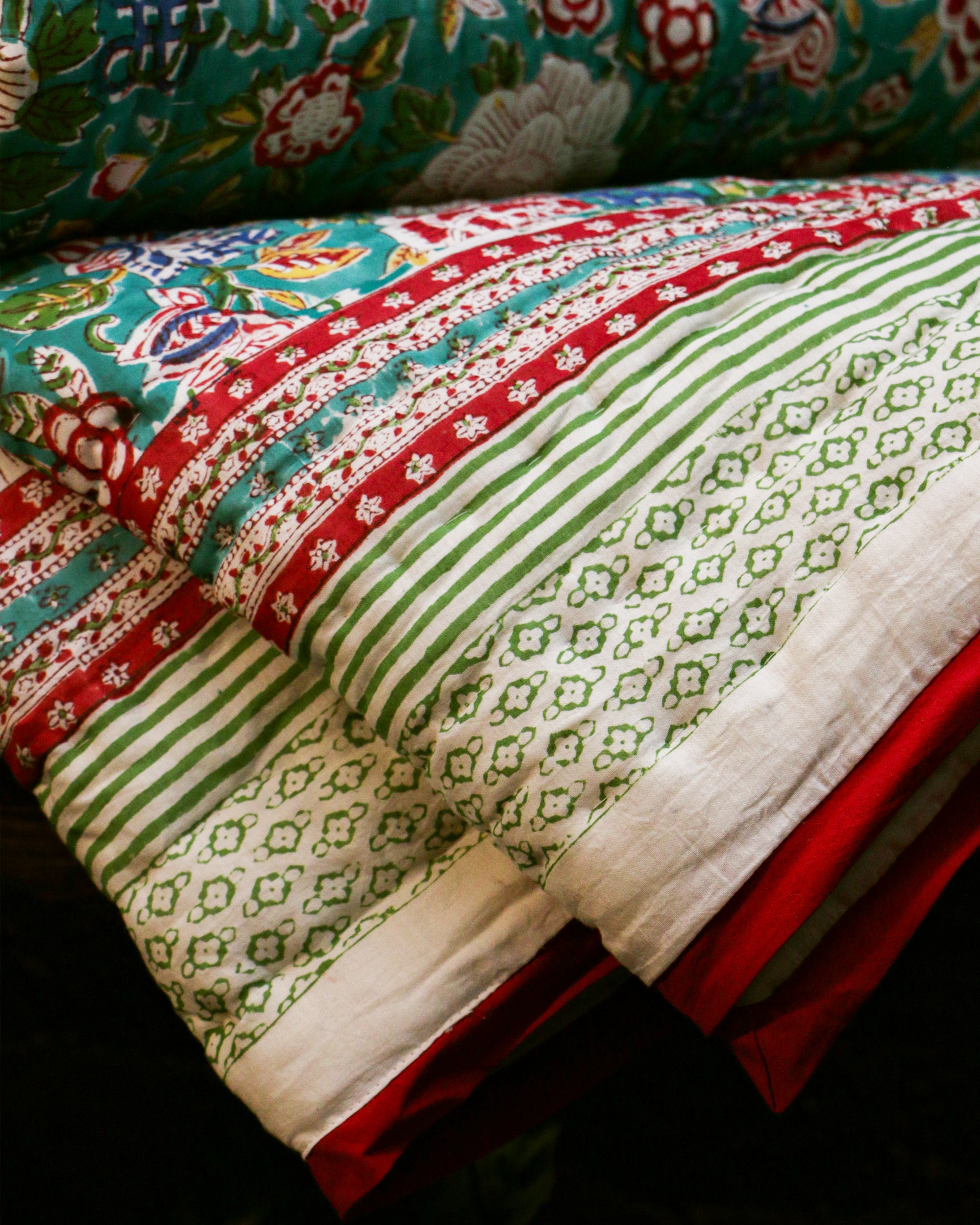 Diwali 2025 Collection - Cyan Floral Hand Block Printed Jaipuri Rajai / Quilt- Singles - Pair of 2 - 60X90 Inches each