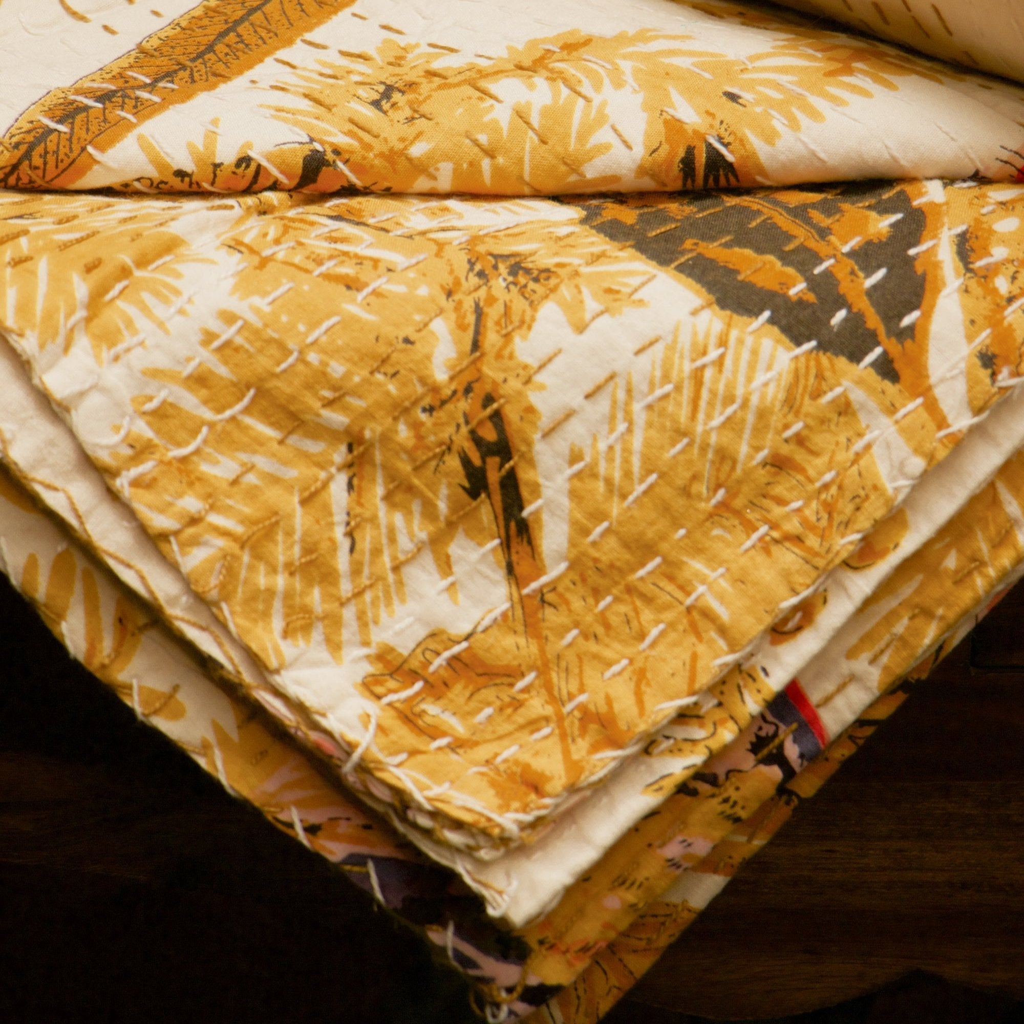 2026 Collection - Jaipuri Kantha Bedcover - Yellow - (Double) - 90X108 Inches