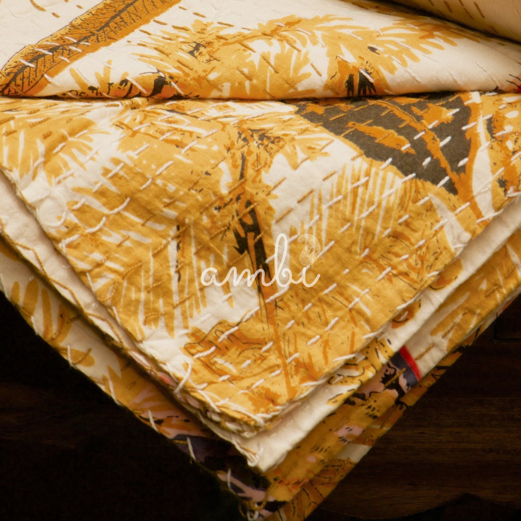 2026 Collection - Jaipuri Kantha Bedcover - Yellow - (Double) - 90X108 Inches