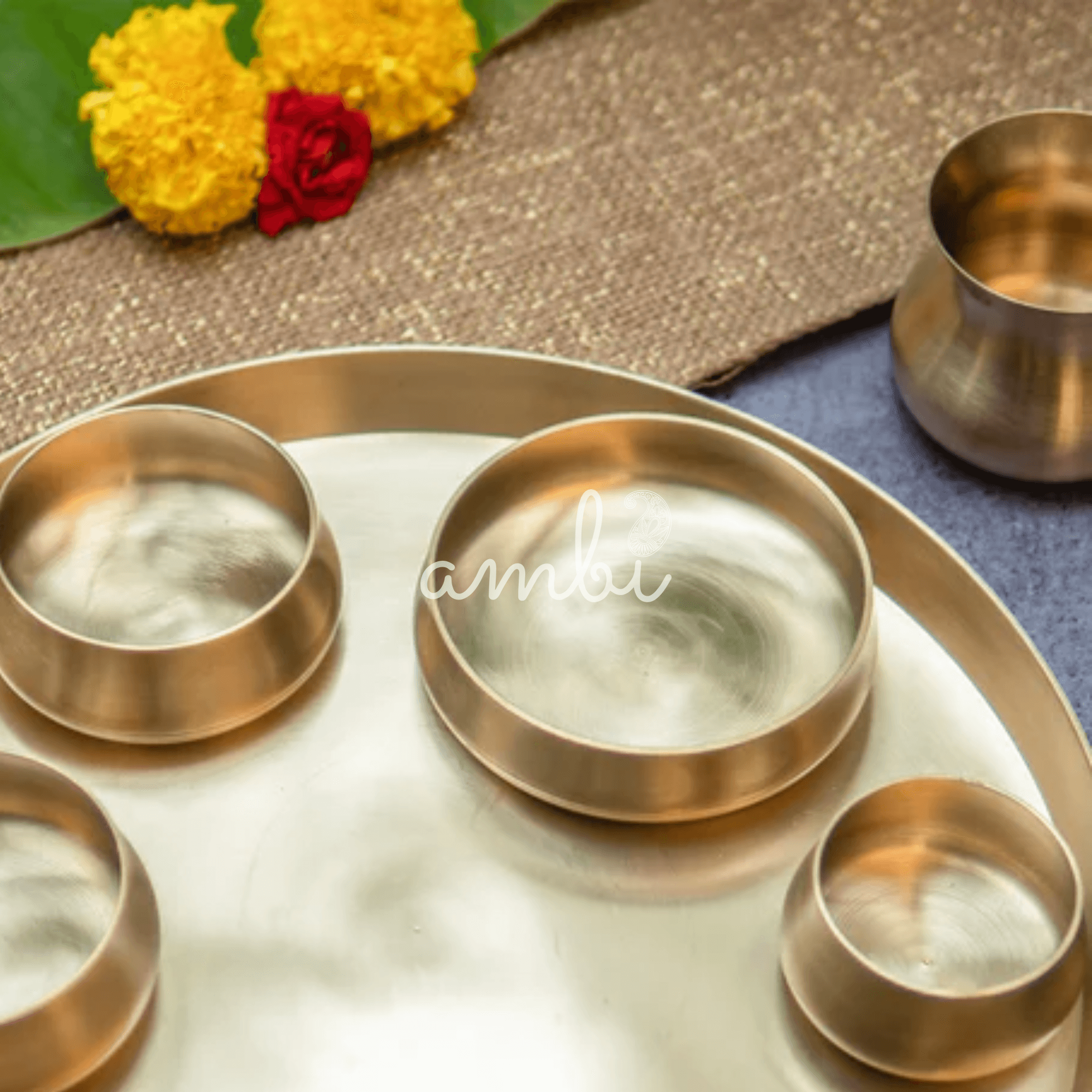 Ambi Pure 100% Lead Free Kansa Curved Thali Set - Set of 6 pieces - Matt Finish Heavy Masterpiece