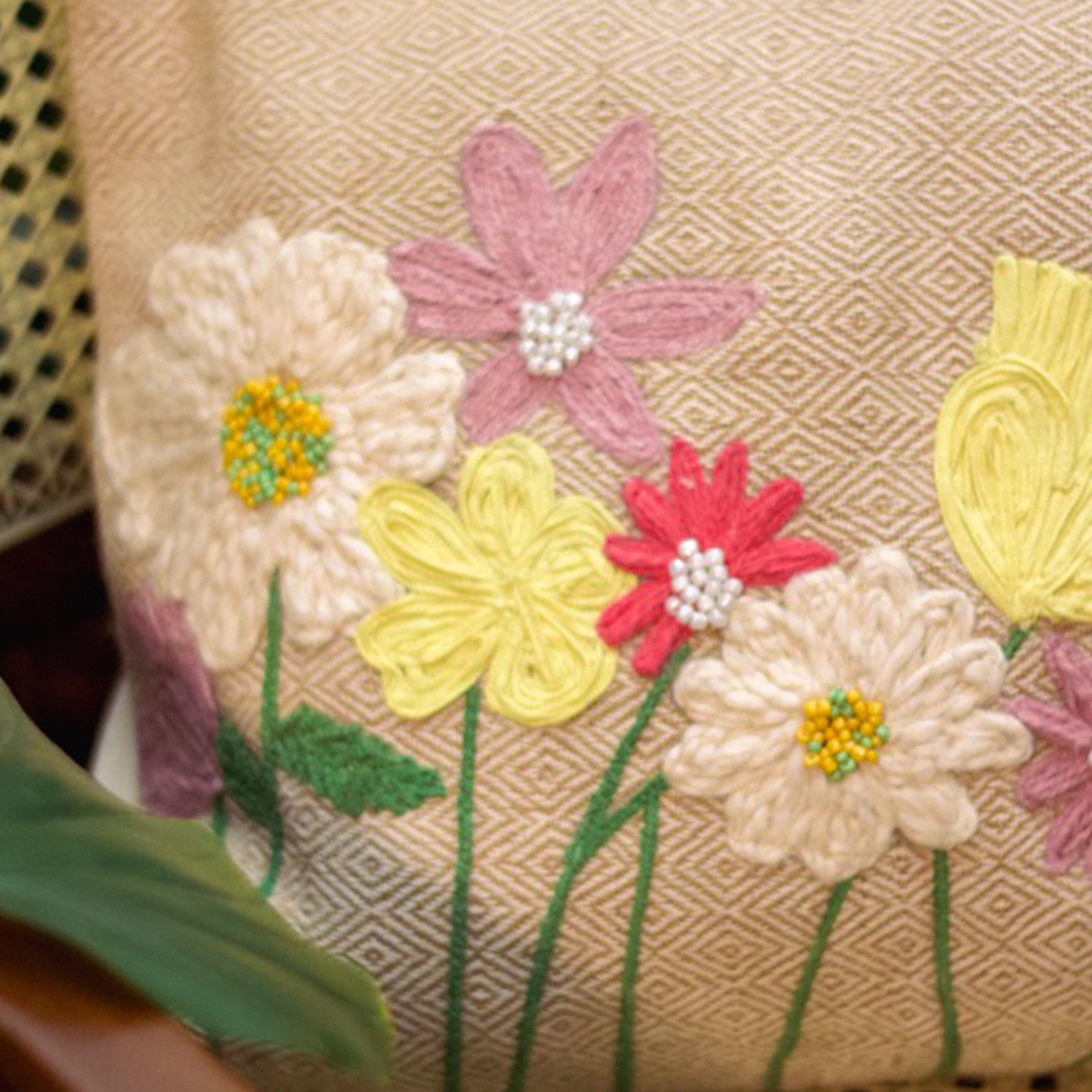 2026 Collection - Hand-Embroidered Flower Cushion Covers - Set of 2 - 14X20 inches
