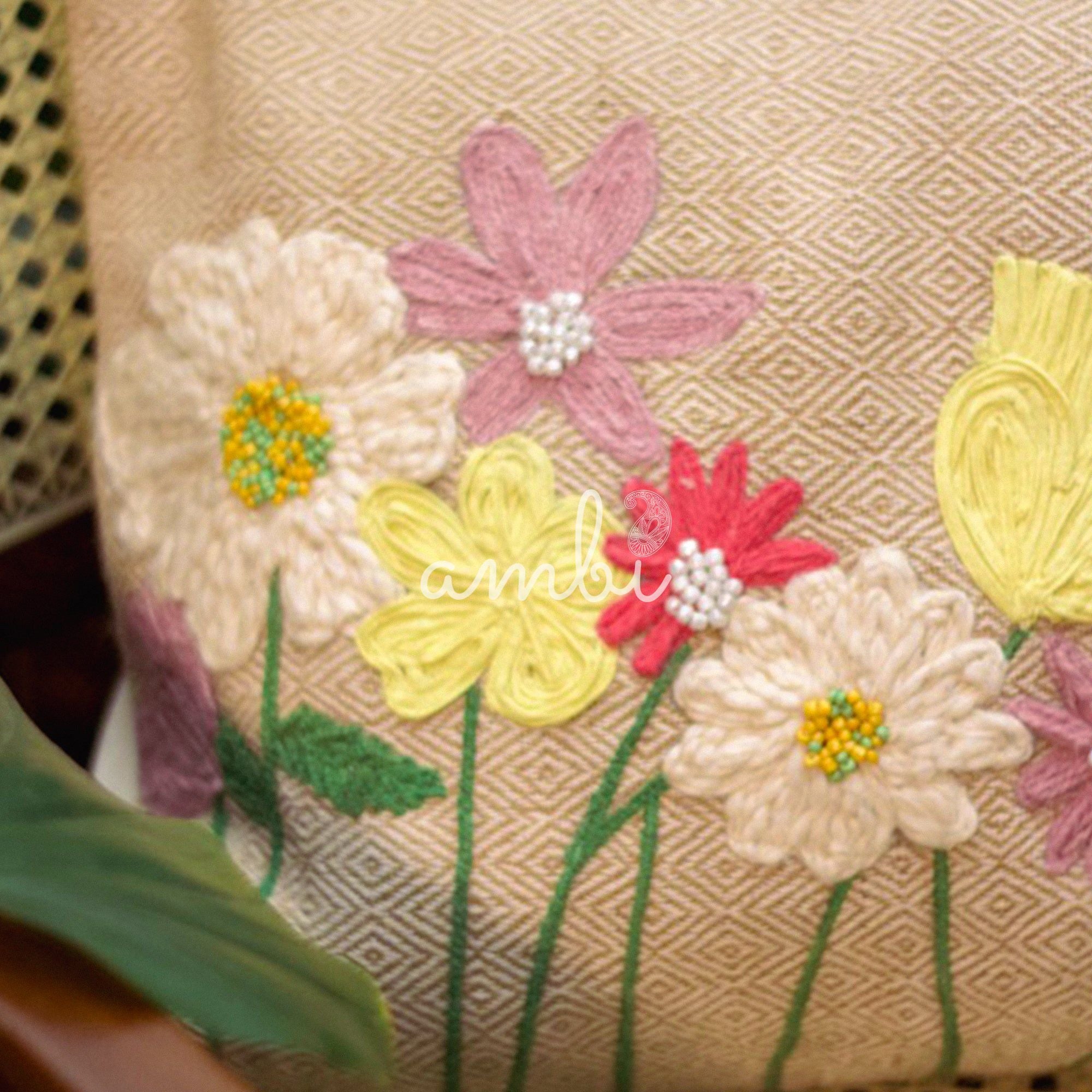 2026 Collection - Hand-Embroidered Flower Cushion Covers - Set of 2 - 14X20 inches