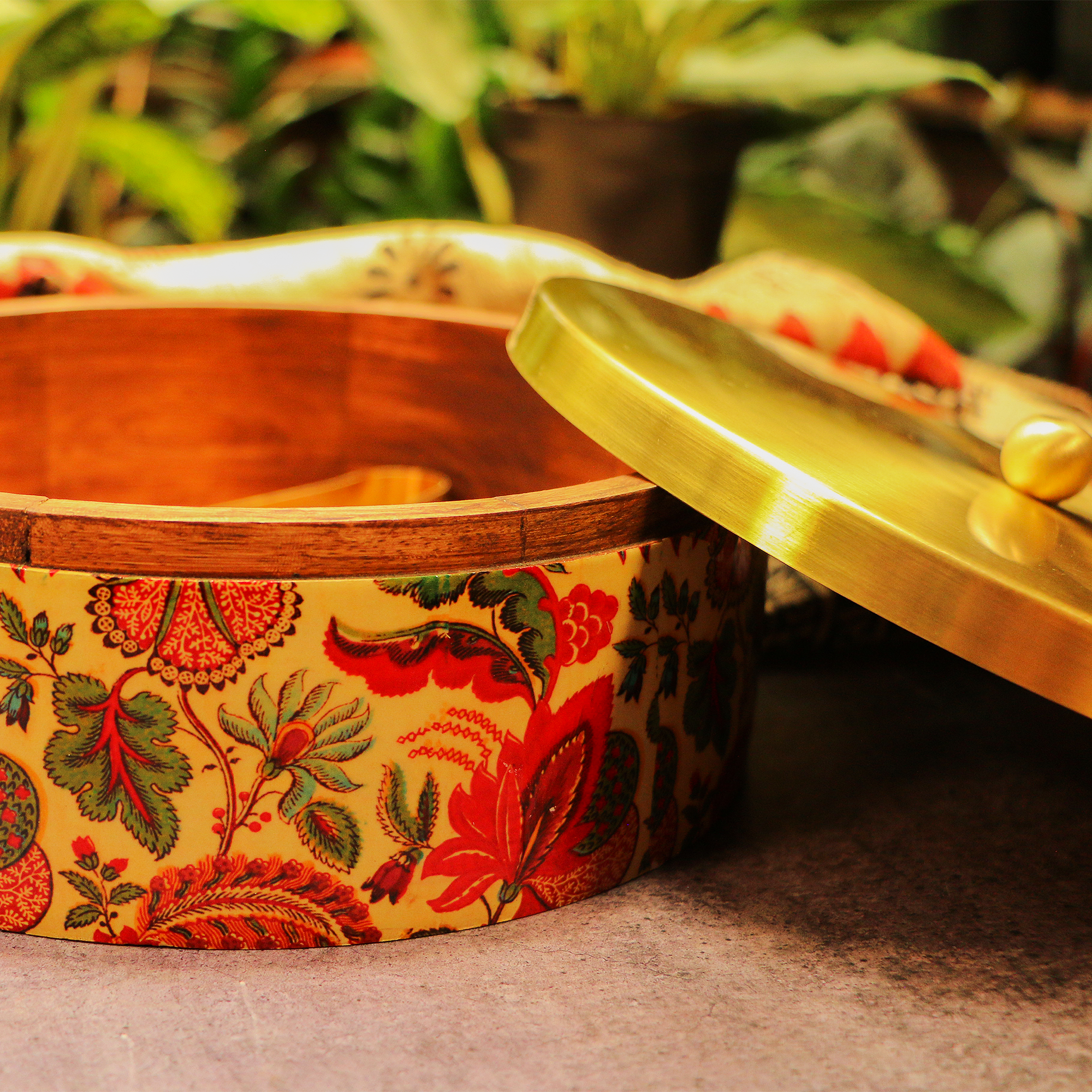 Elegant Brass and Wooden Floral Chapati / Roti Box - 9 Inches Diameter with Tongs