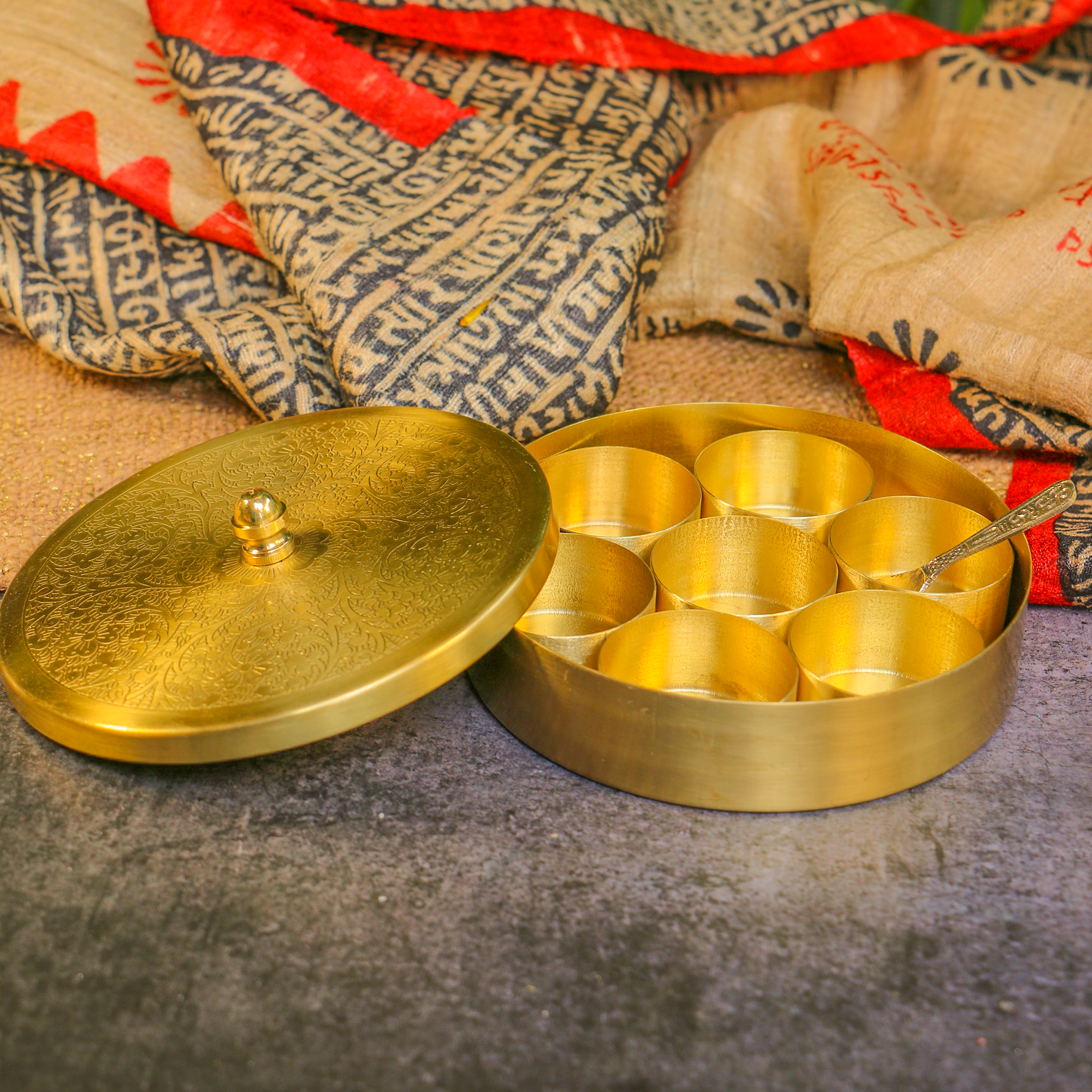Mini Small 100% Pure Brass Spice / Supari / Churan Box Masala Daani with 7 Container - 6 inches Diameter