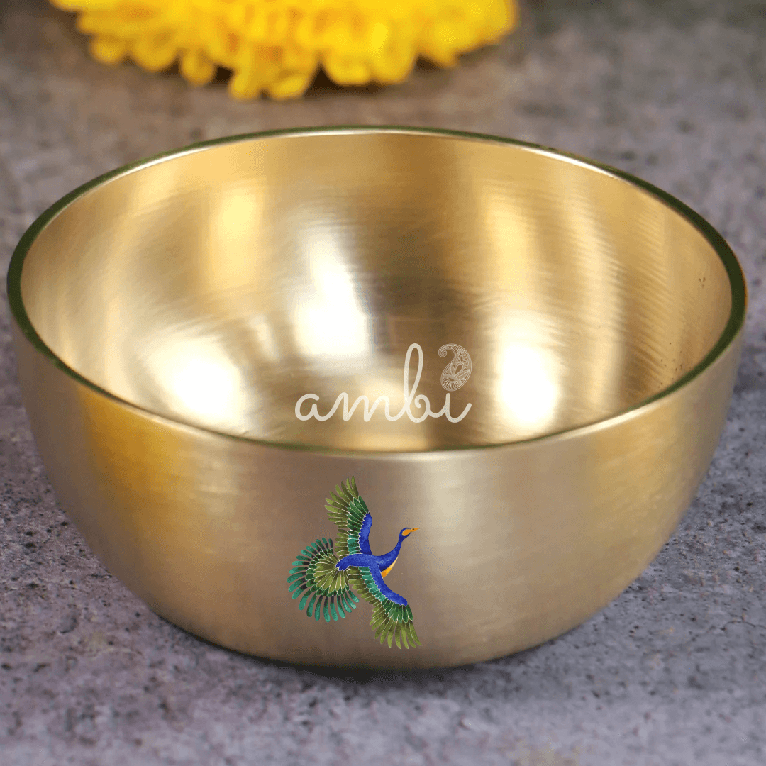 AMBI Pure 100% Lead Free Kansa Pattachitra Bird Hand Painted Finish Small Katori / Bowl - 3.5 inches - 170 ML