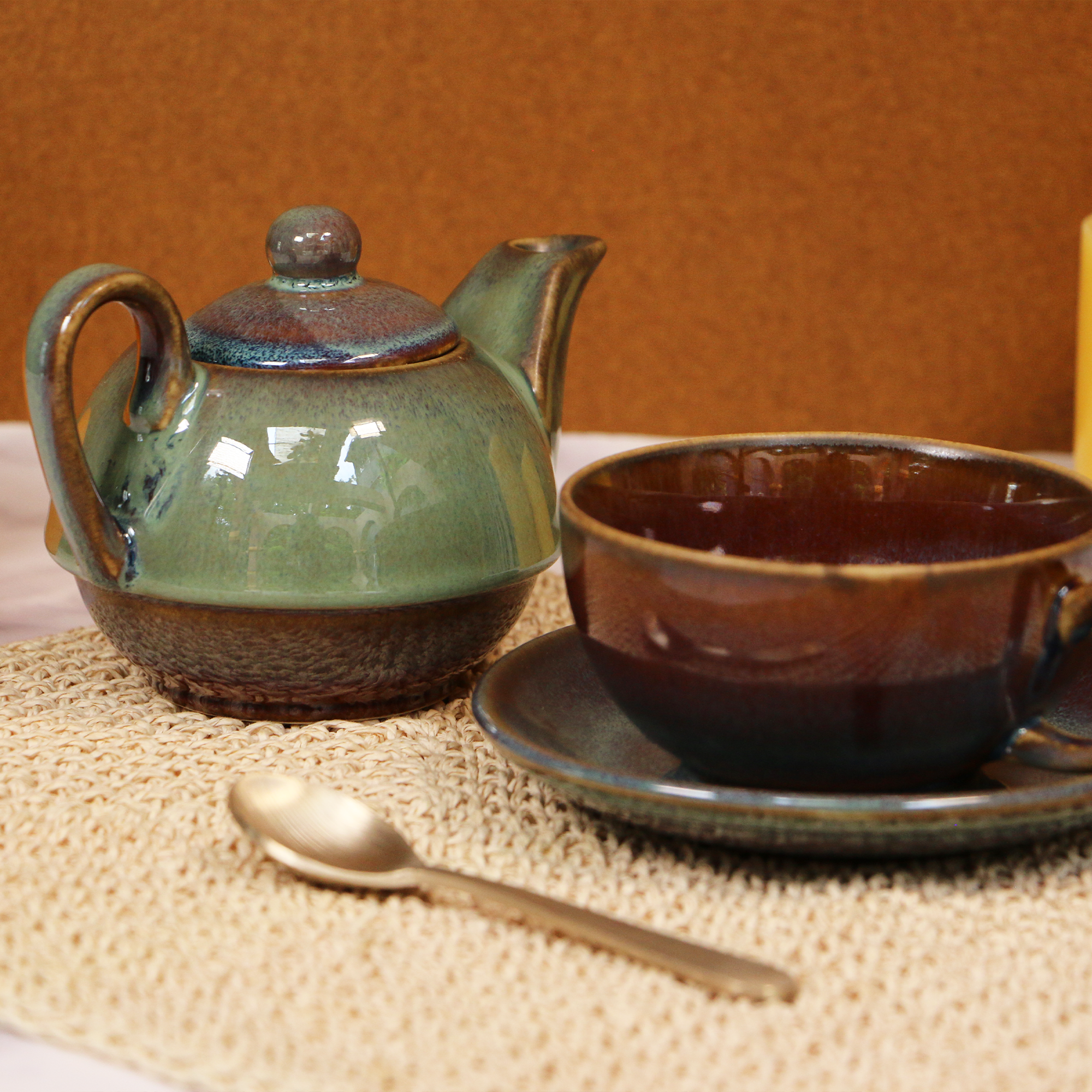 Unique Handmade Sage Green Tea Set (cup, saucer and kettle)