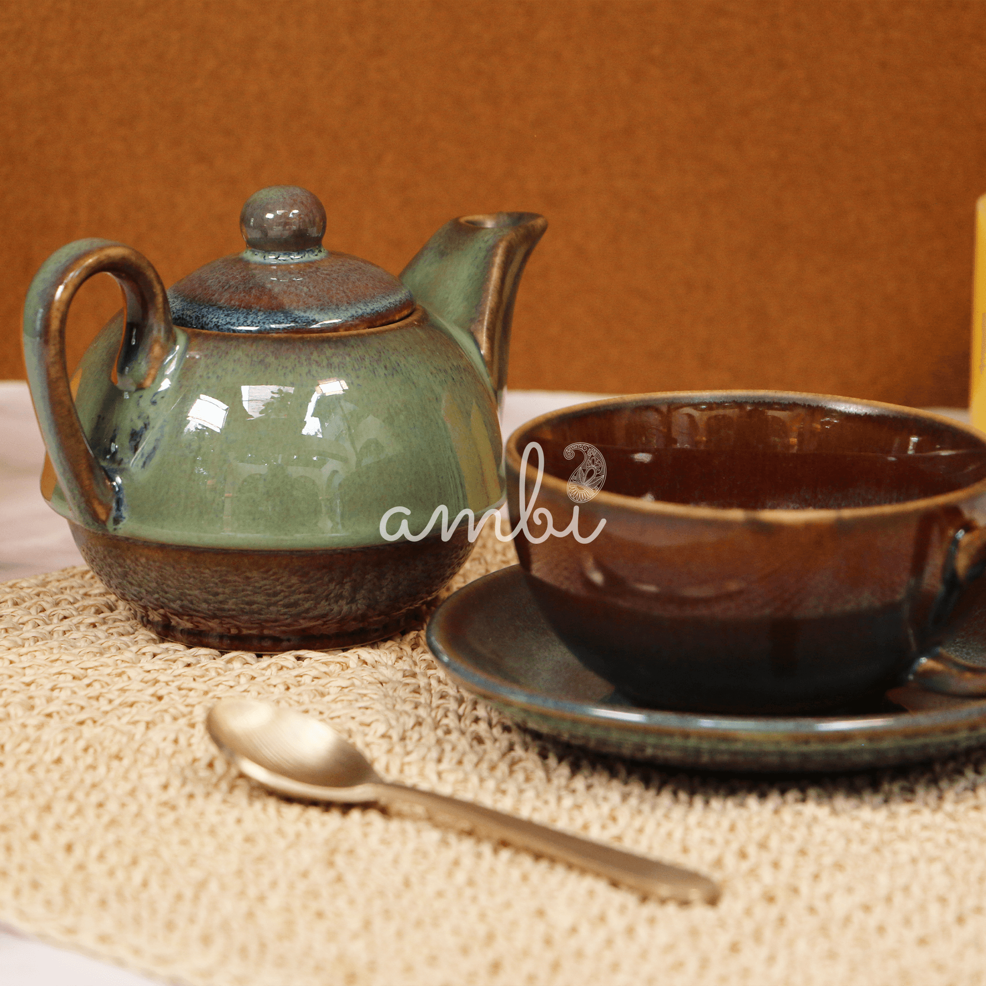 Unique Handmade Sage Green Tea Set (cup, saucer and kettle)