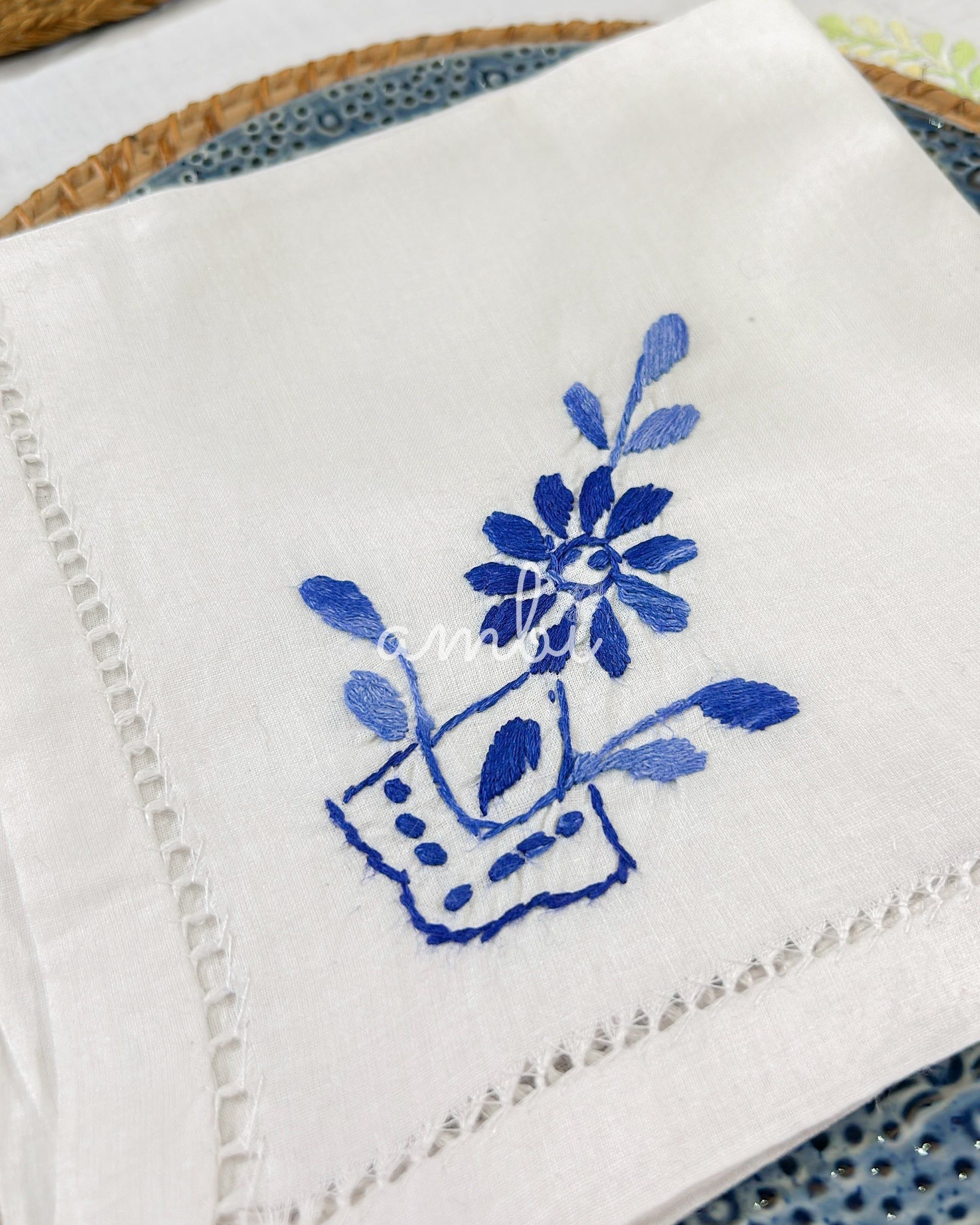2026 Collection - Hand Embroidered Linen Napkins - Set of 6 - Blue