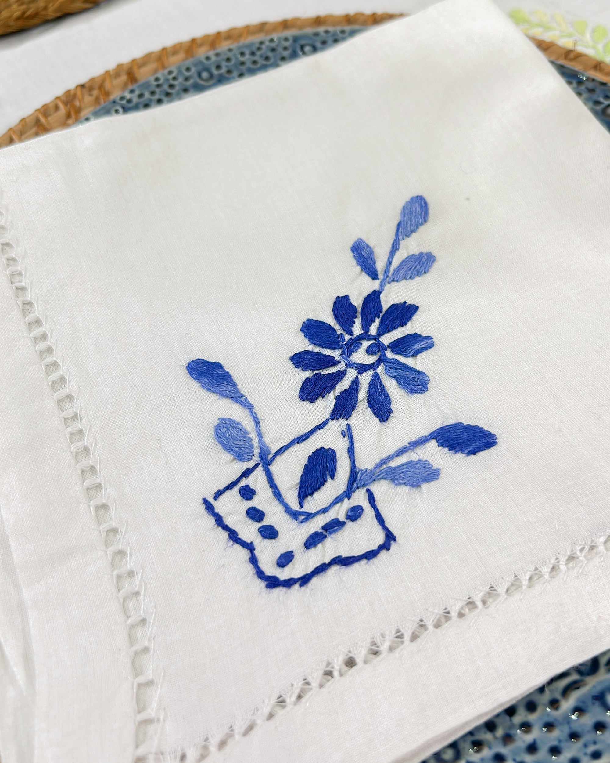 2026 Collection - Hand Embroidered Linen Napkins - Set of 6 - Blue