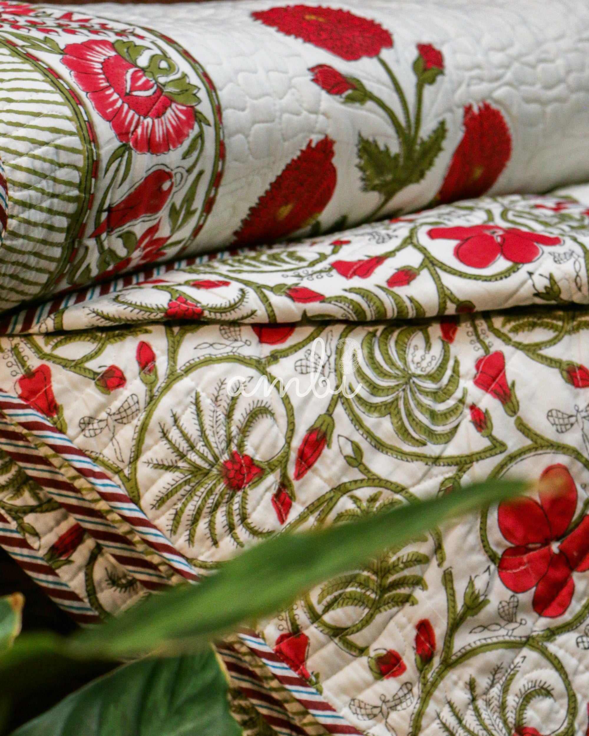 2026 Collection - Bed Cover - Red Floral Hand Block Printed Jaipuri Quilted Bed Cover with 2 Pillow Covers- Double - 90X108 Inches