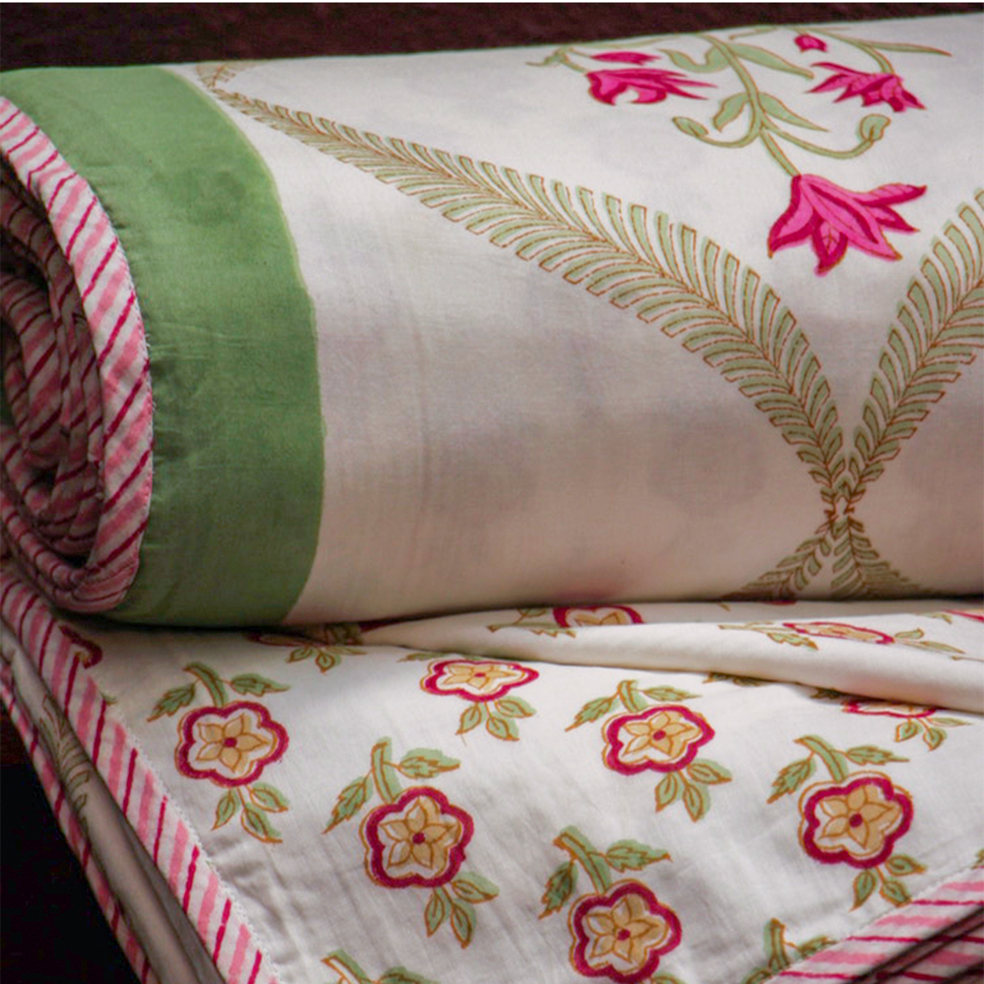 2026 Collection - Jaipuri Pink Floral Mulmul Triple Layer Reversible Dohar (Double Bed) - 90X108 Inches