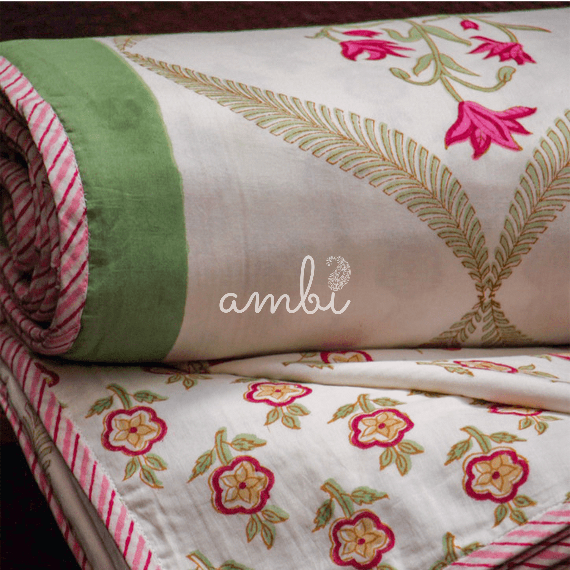 2026 Collection - Jaipuri Pink Floral Mulmul Triple Layer Reversible Dohar (Double Bed) - 90X108 Inches