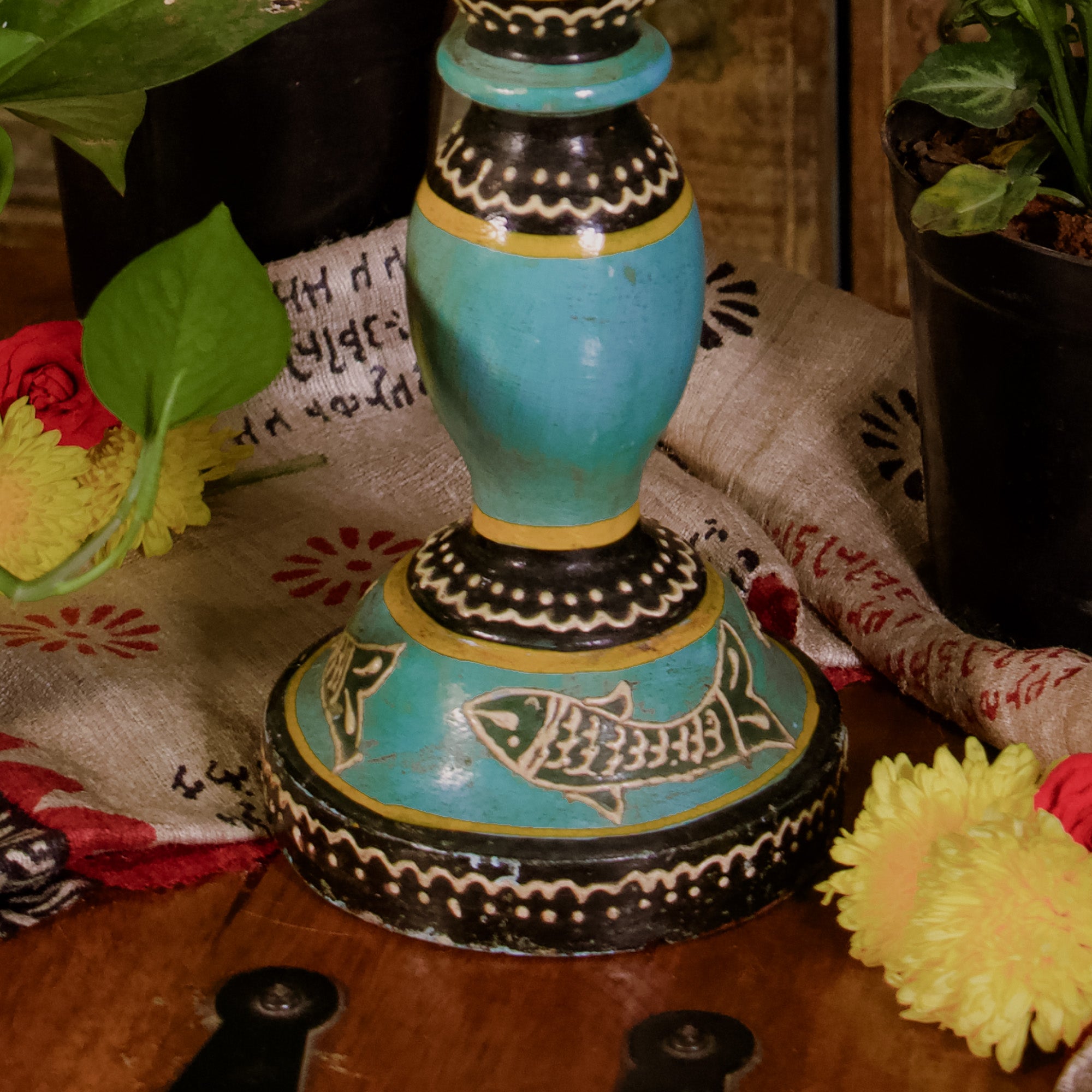 Wooden Candle Rustic Look Stand - Cyan