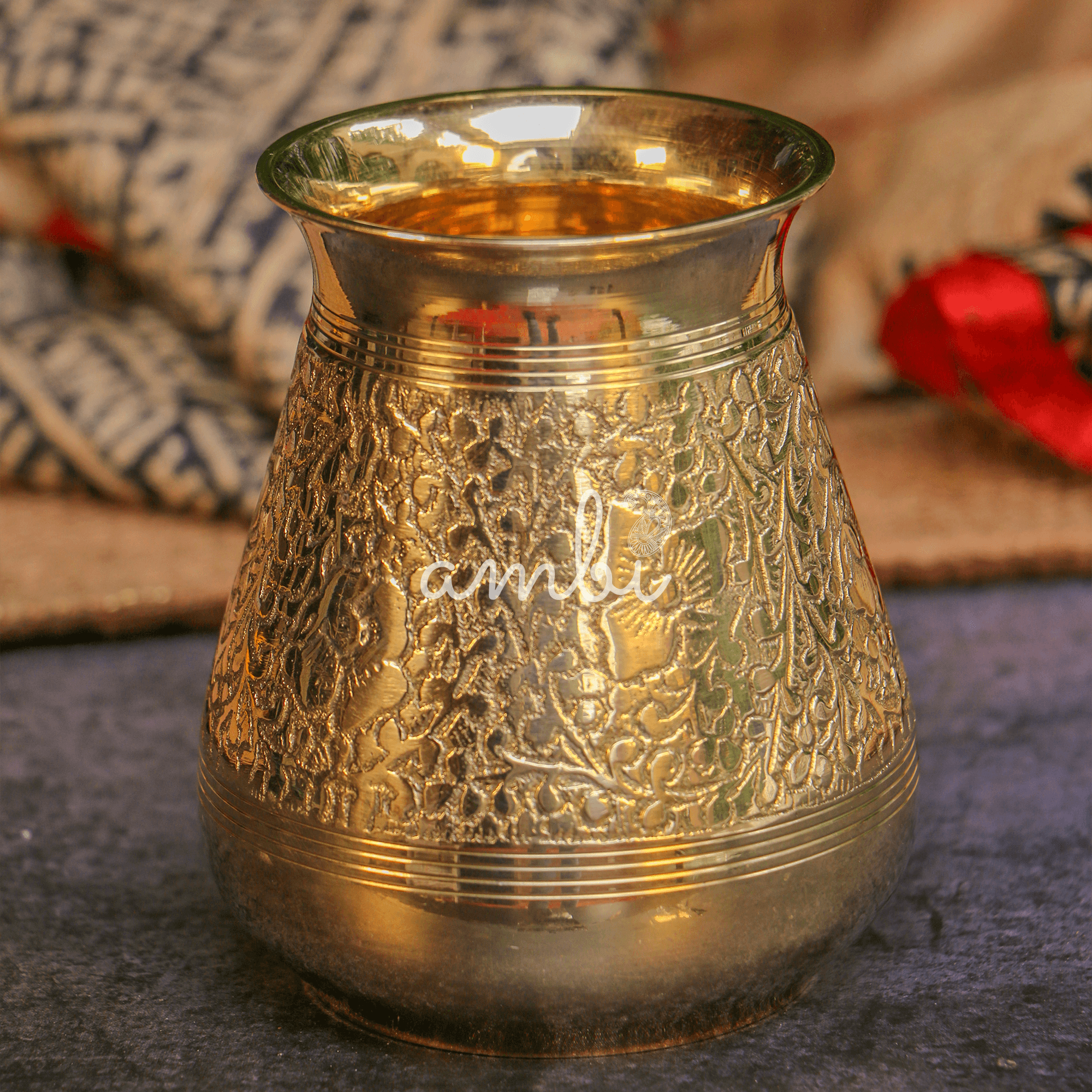 100 % Brass Embossed Lota Kalash for Pooja or Water Storage - Conical