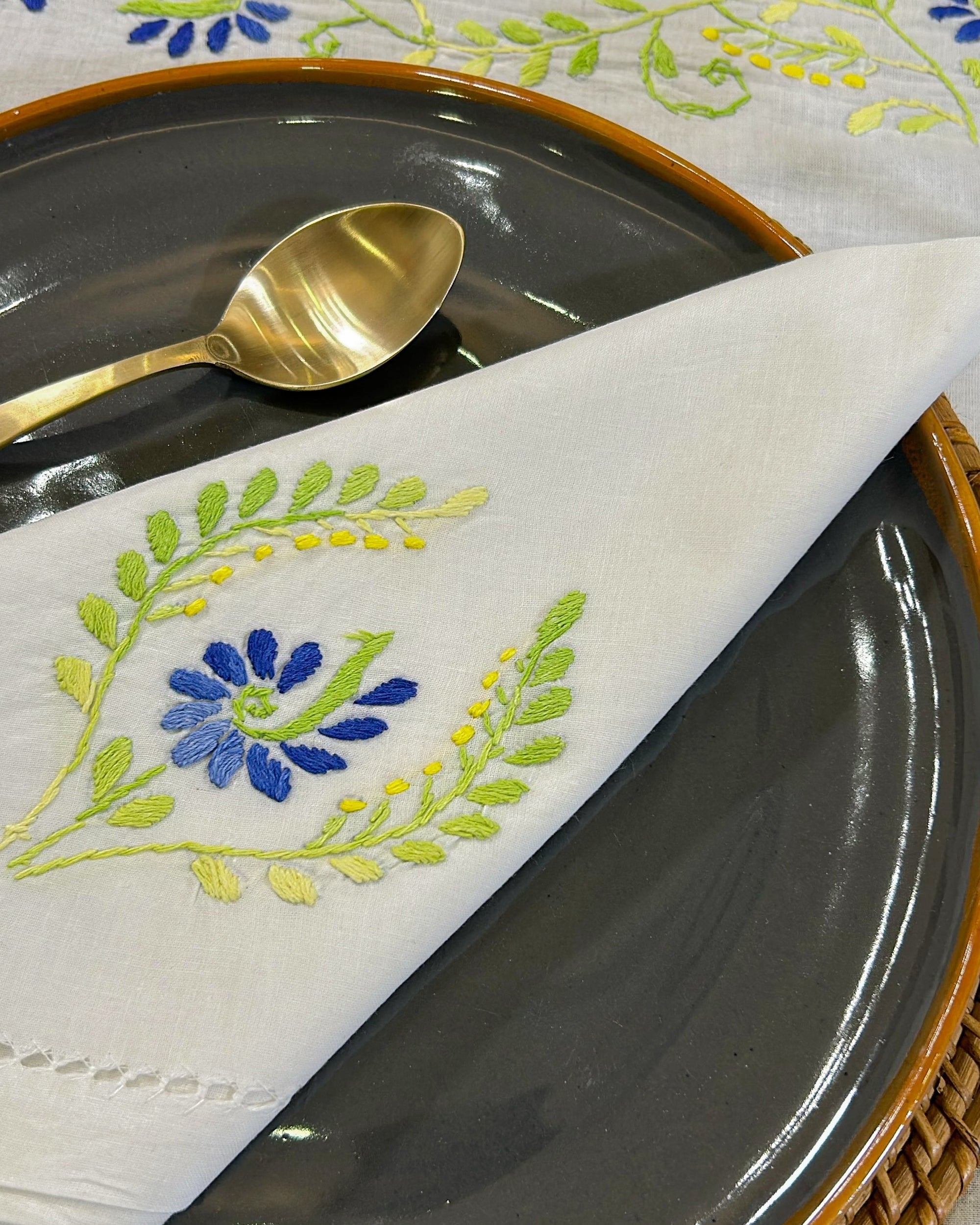 2026 Collection - Hand Embroidered Linen Napkins Green Floral - Set of 4