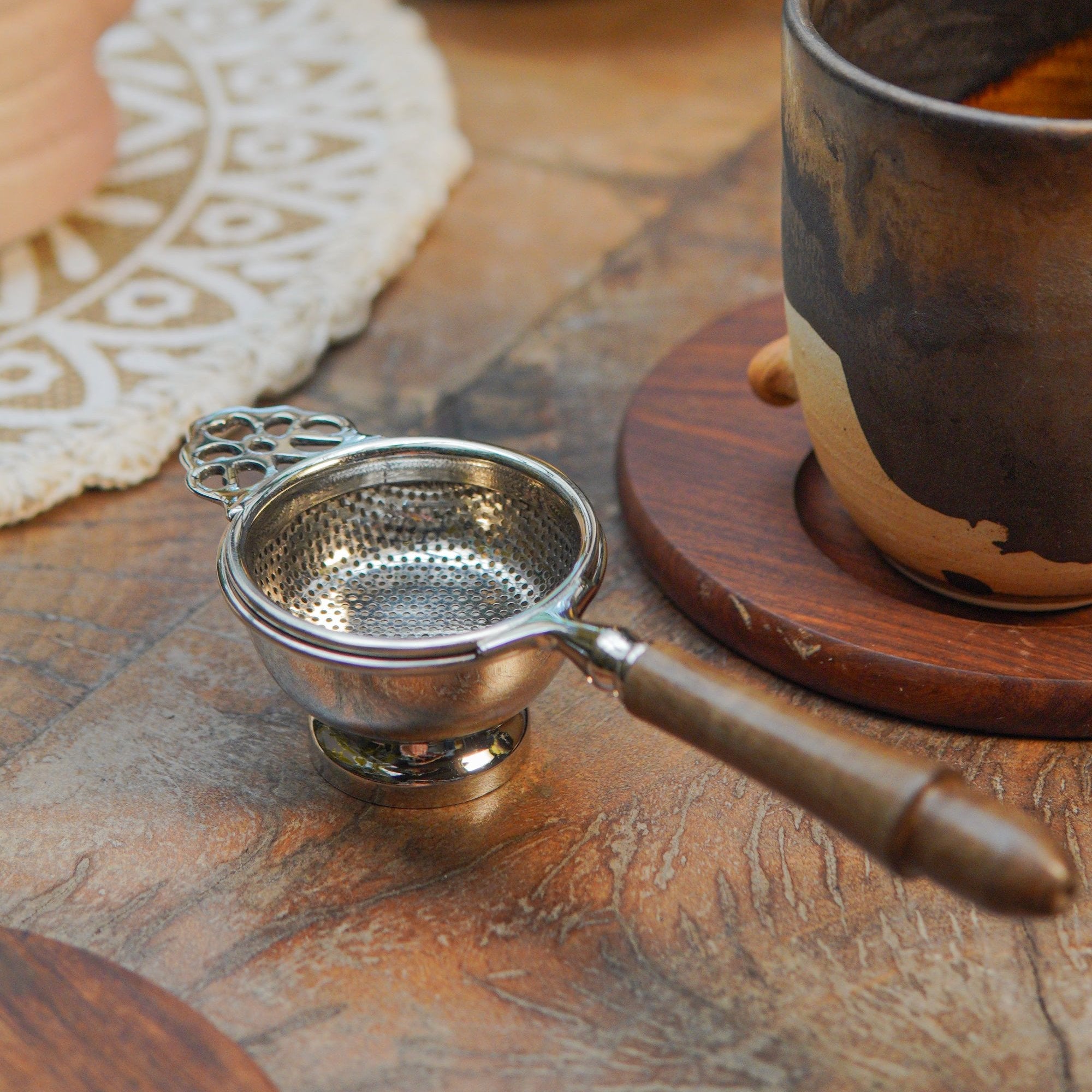 Matte Finish Brass Medium Sized Tea Strainer Silver 2 Piece Set With Wooden Holder