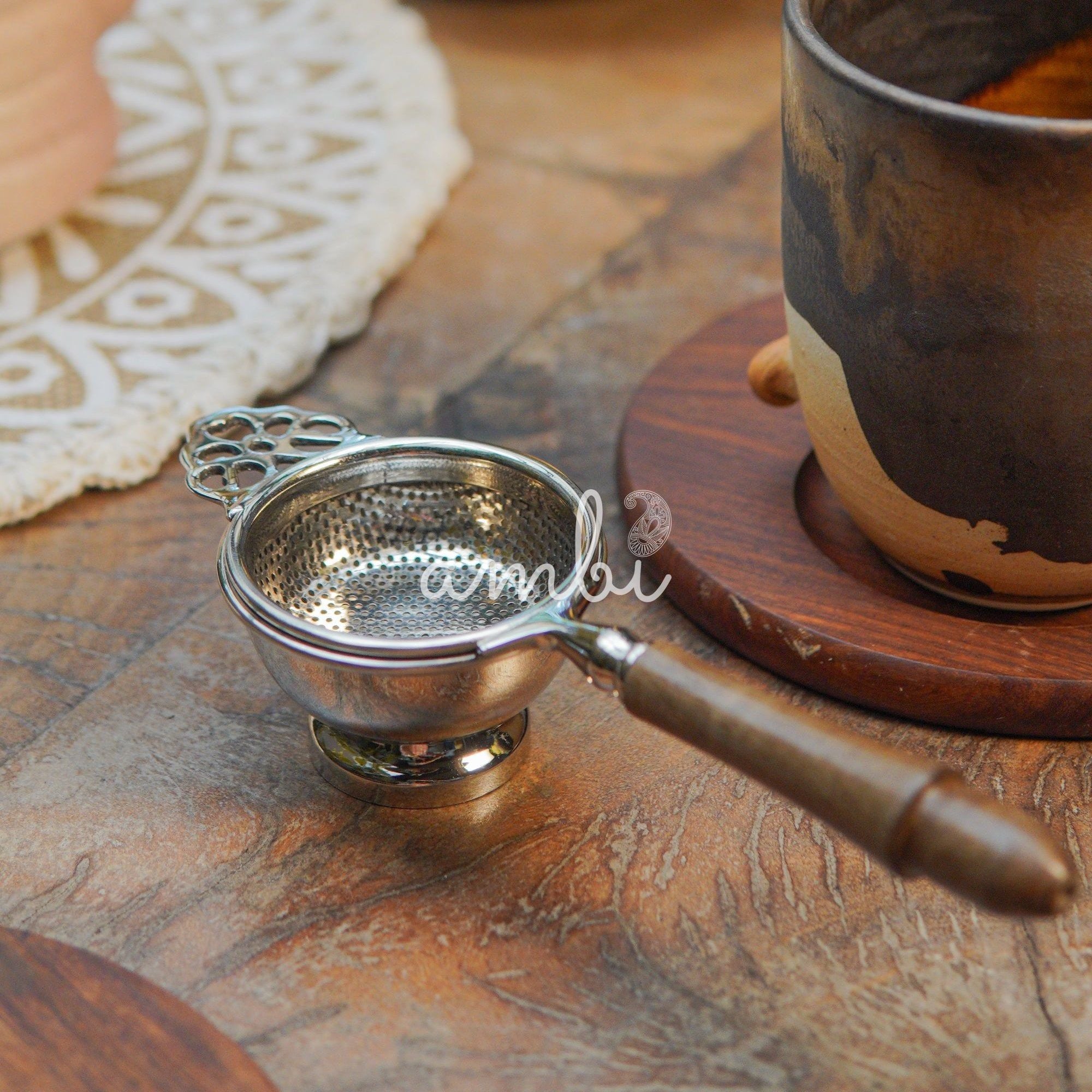 Matte Finish Brass Medium Sized Tea Strainer Silver 2 Piece Set With Wooden Holder