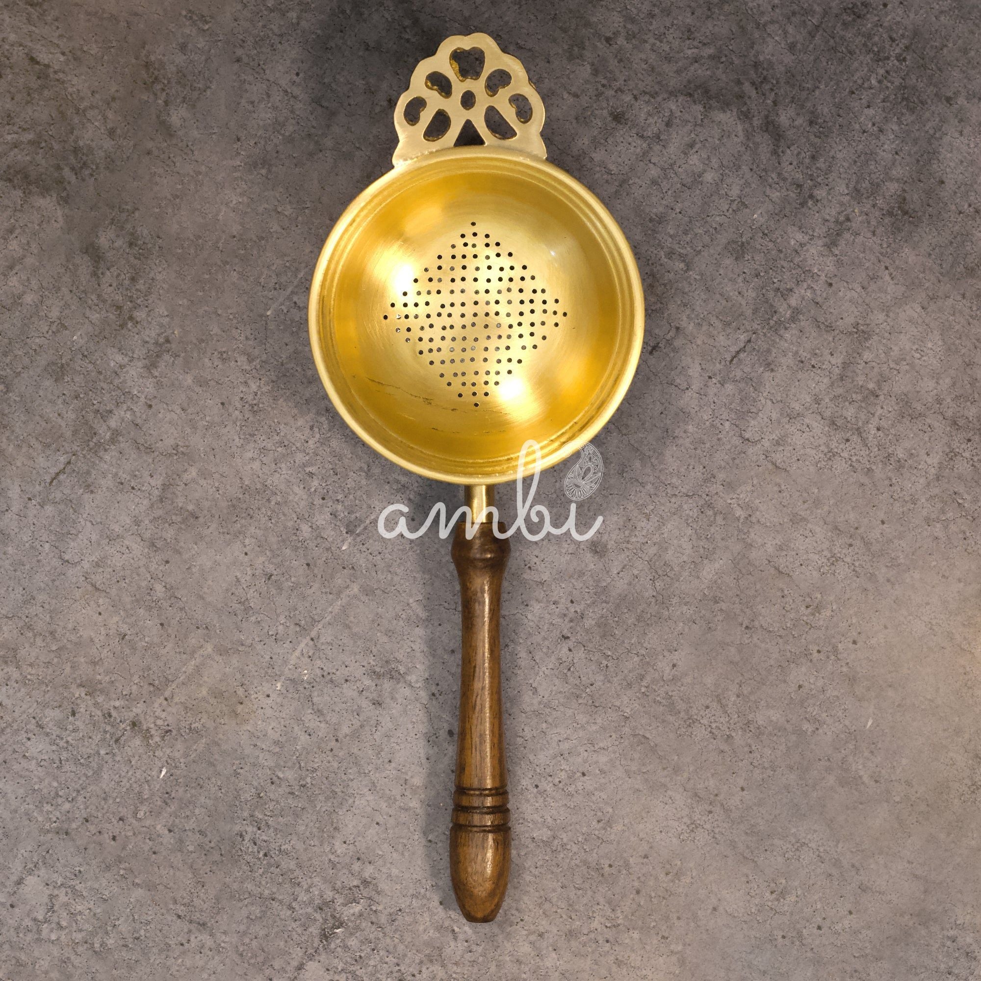 Exquisite Matte Finish 2 Pc Brass Large Tea Strainer with Resting Pot