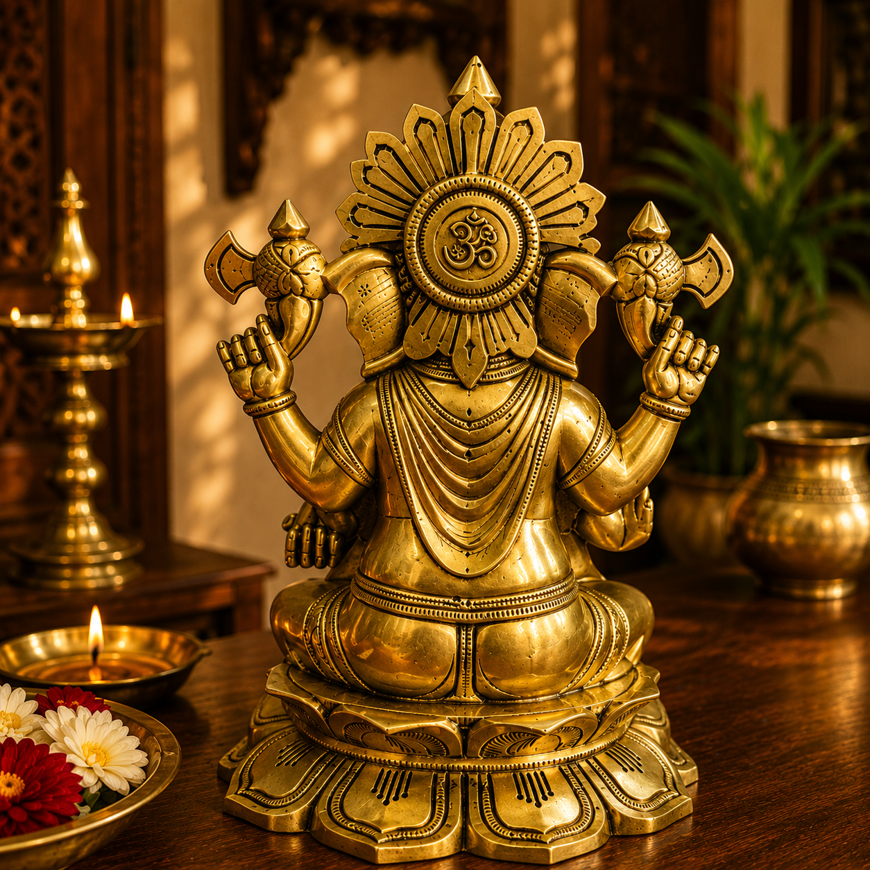 A golden brass Lord Ganesha statue seated on a lotus base, photographed in a warm, decorated interior with lit lamps and wooden furnishings in the background.