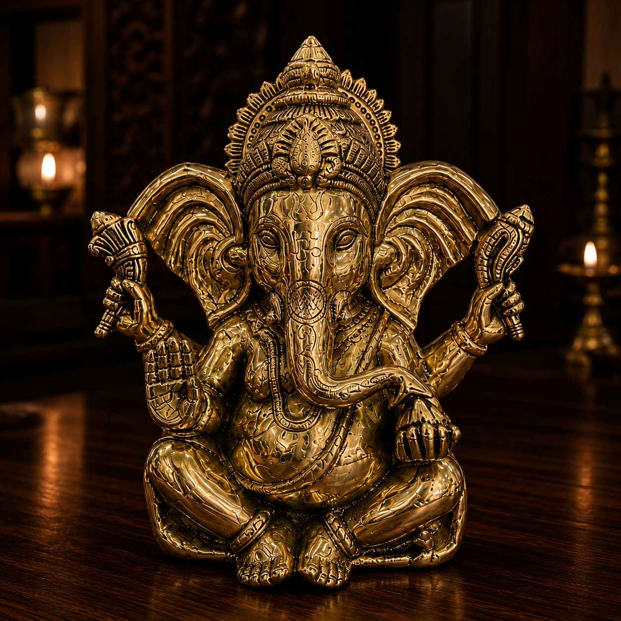 A golden brass statue of Lord Ganesha seated cross-legged on a polished wooden table, with warm candlelight glowing in the dark background.