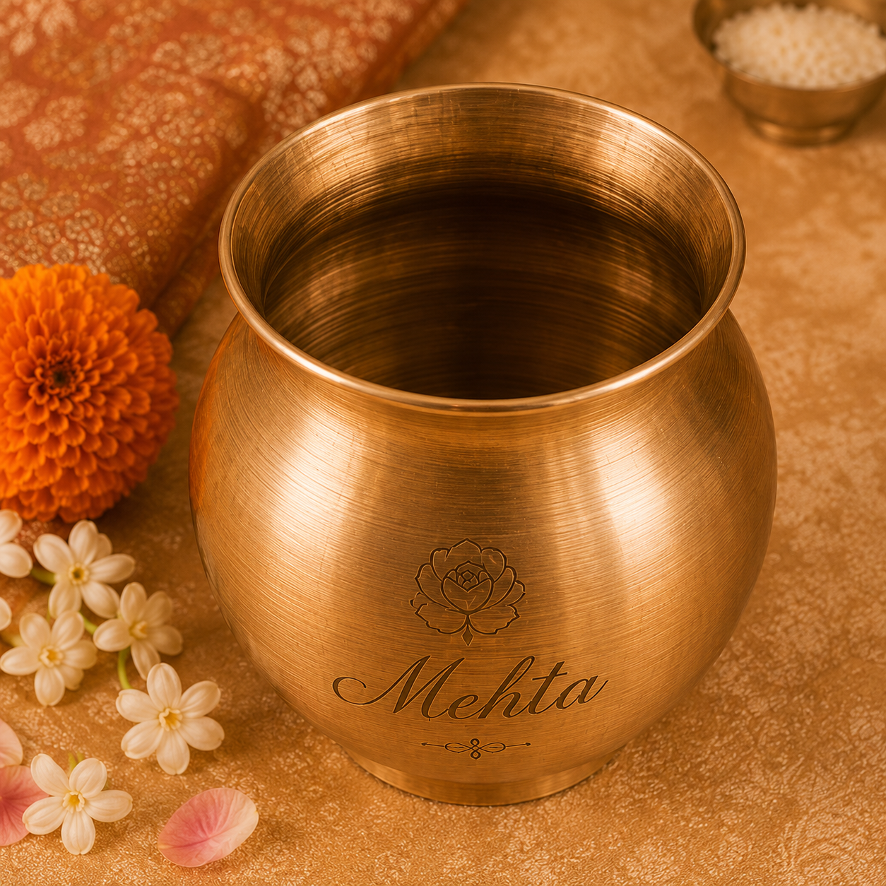 A brass Mehta copper vessel with a brushed metallic finish, featuring an engraved lotus flower and the brand name 'Mehta' on the front. The vessel is styled on a textured gold fabric with orange and white flowers.