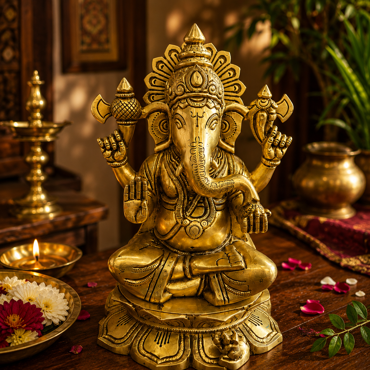 A golden brass Ganesha statue seated on a lotus base, placed on a wooden table in a decorated indoor setting with a lit candle, flowers, and plants in the background.