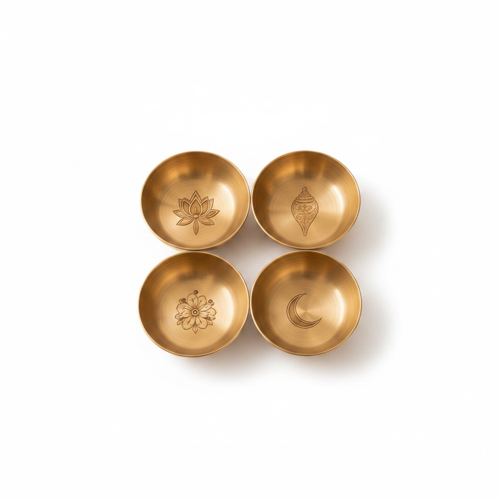 Ambi Devi Range 100% Pure Kansa Katori Set with Sacred Etching 4 inch each set of 4 | Lotus, Shankha, Shiuli and Chand | Set of 4