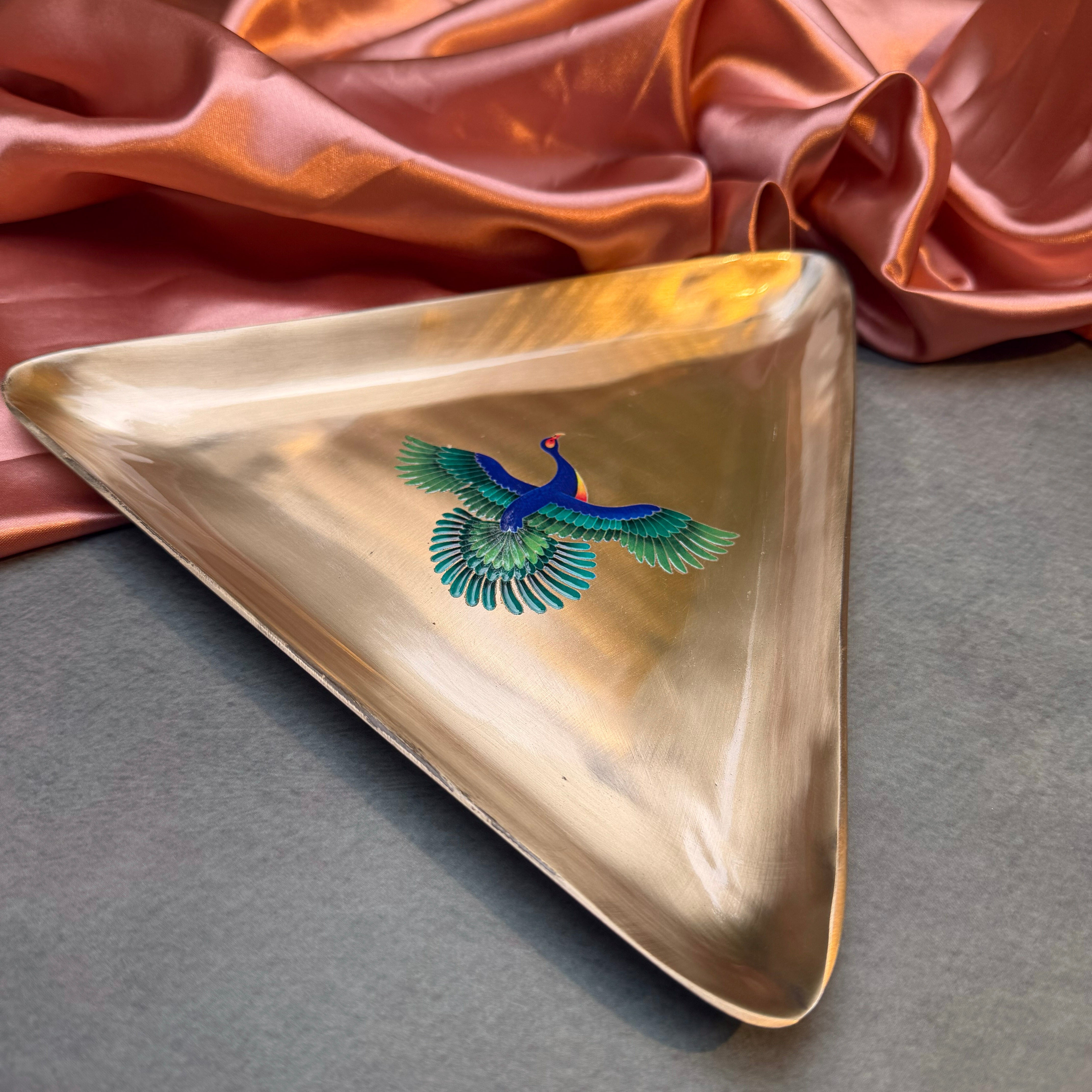 AMBI 100% Pure Kansa Pattachitra Birds - Hand-Painted Finish Triangle Platter | Heavy | Smooth Finish