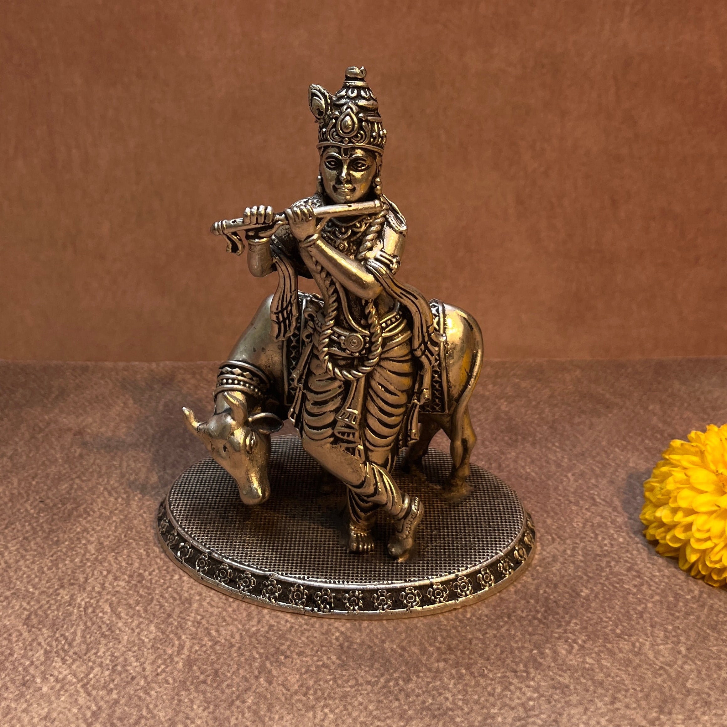 Ambi Pure Brass Lord Krishna with Cow Statue – Flute Playing Krishna (Muralidhar) Idol |Silver Finish| 5 Inch - Height