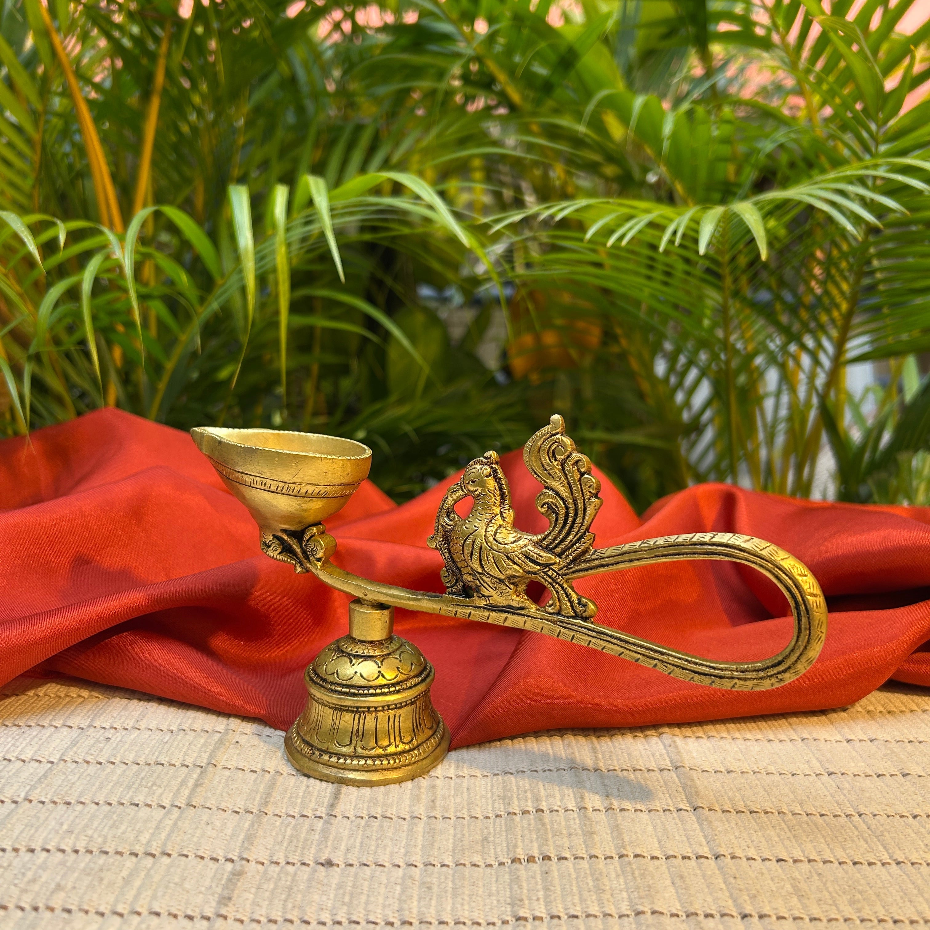 Ambi Handcrafted Pure Brass Peacock Deepam with Bell | Traditional Puja Lamp