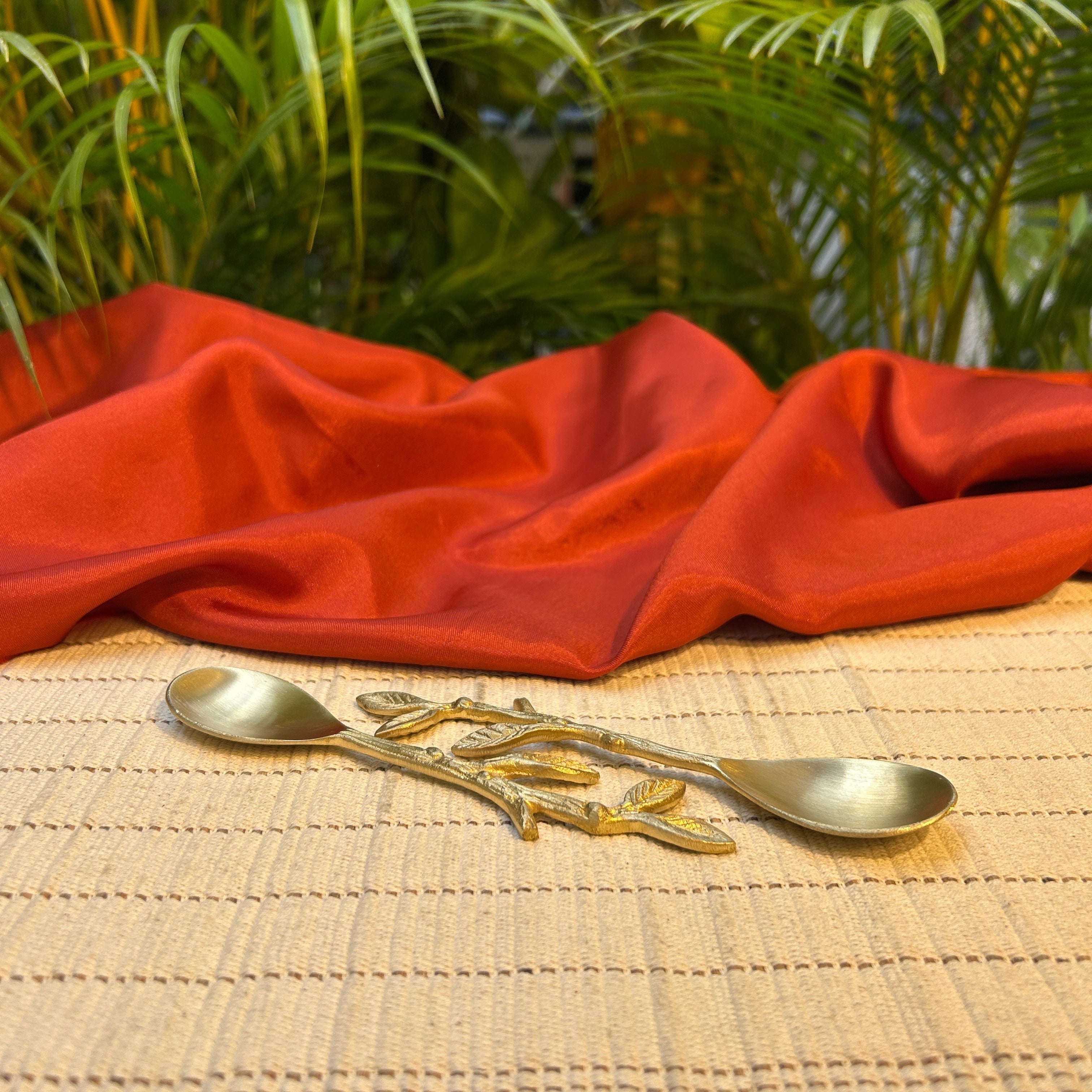 Ambi Double Golden Leaf Pure Brass Spoon | Set of 2, 4 or 6
