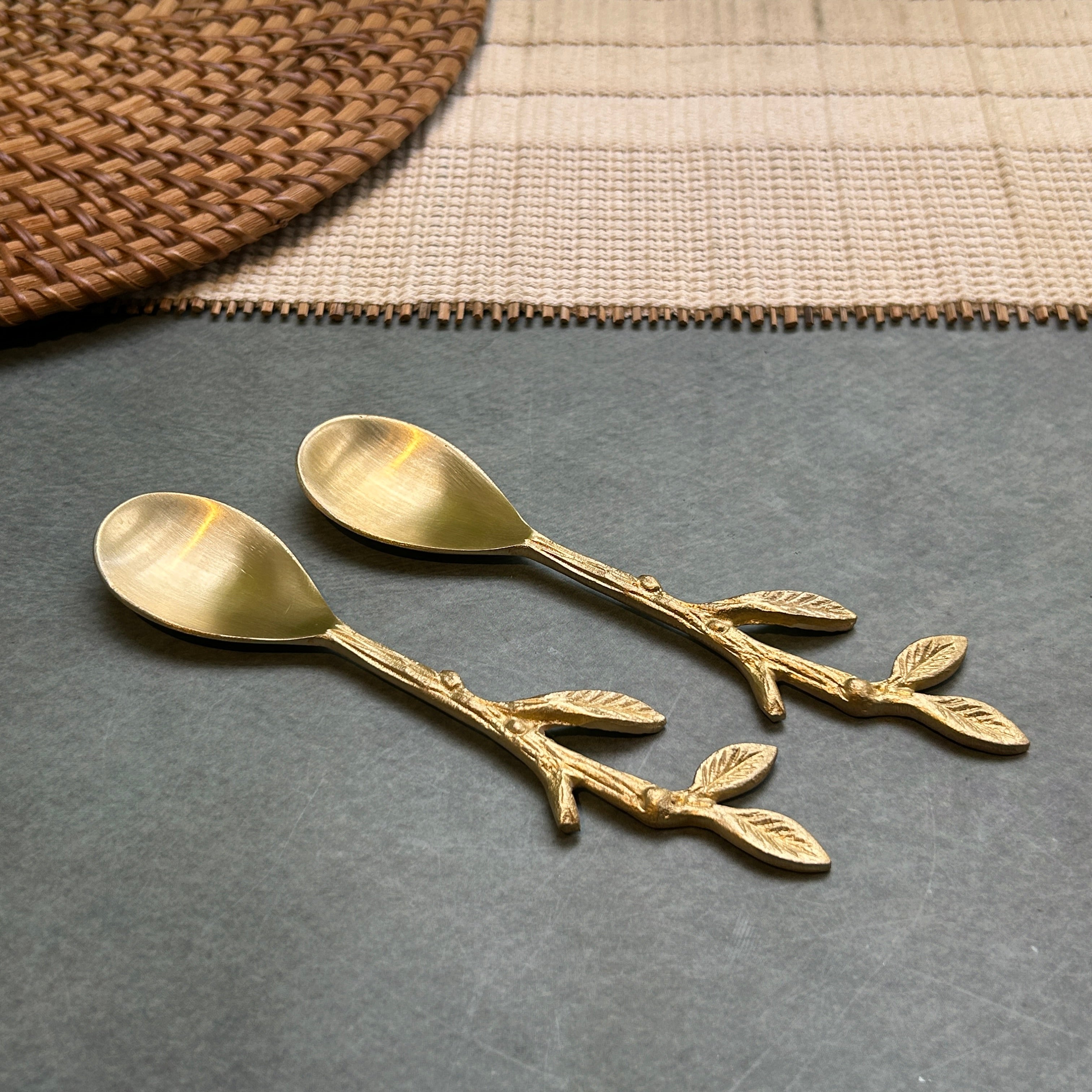 Ambi Double Golden Leaf Pure Brass Spoon | Set of 2, 4 or 6