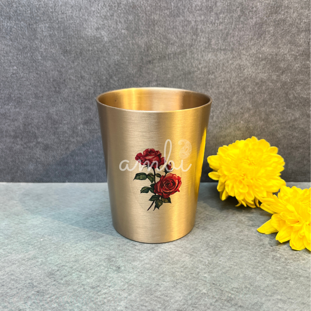 Ambi Pure Kansa Rose Hand-Painted Water Glass – Straight Edge | 100% Lead-Free Bronze | 170 ML