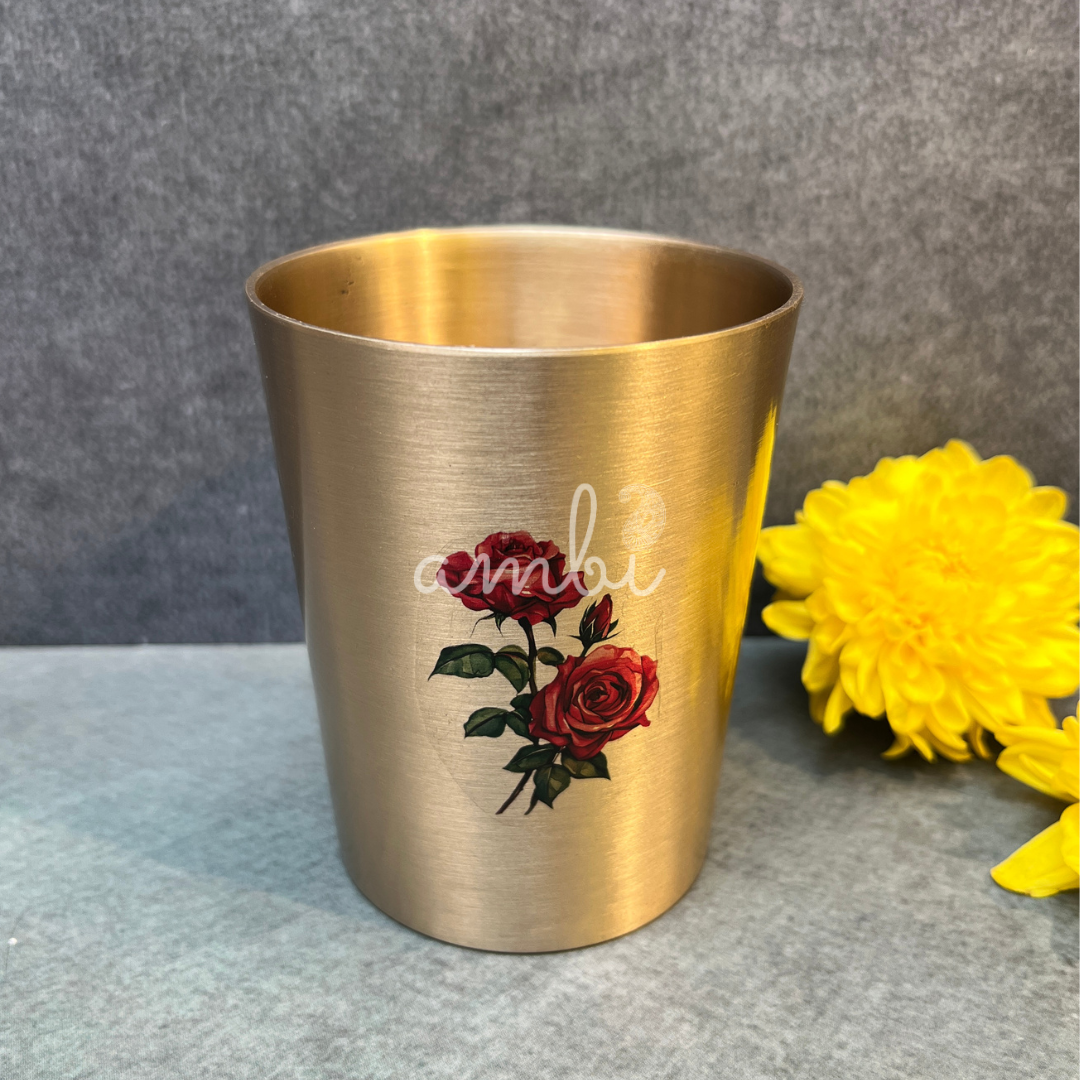 Ambi Pure Kansa Rose Hand-Painted Water Glass – Straight Edge | 100% Lead-Free Bronze | 170 ML