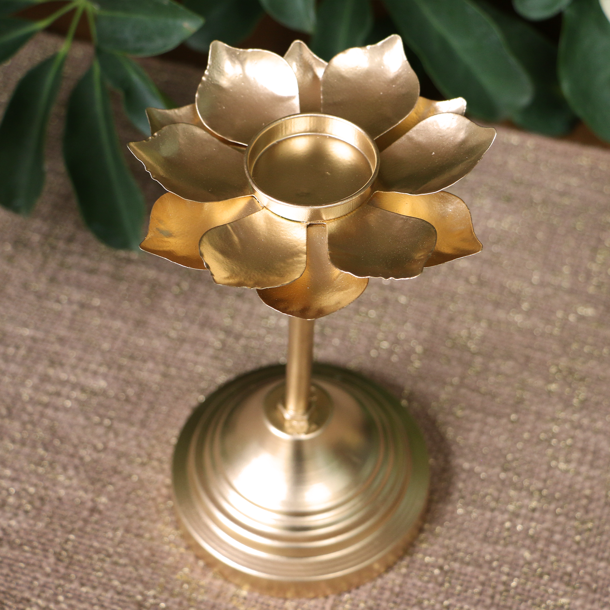 Decorative Golden Lotus Shaped Candle Stand (Metal) - Set of 2