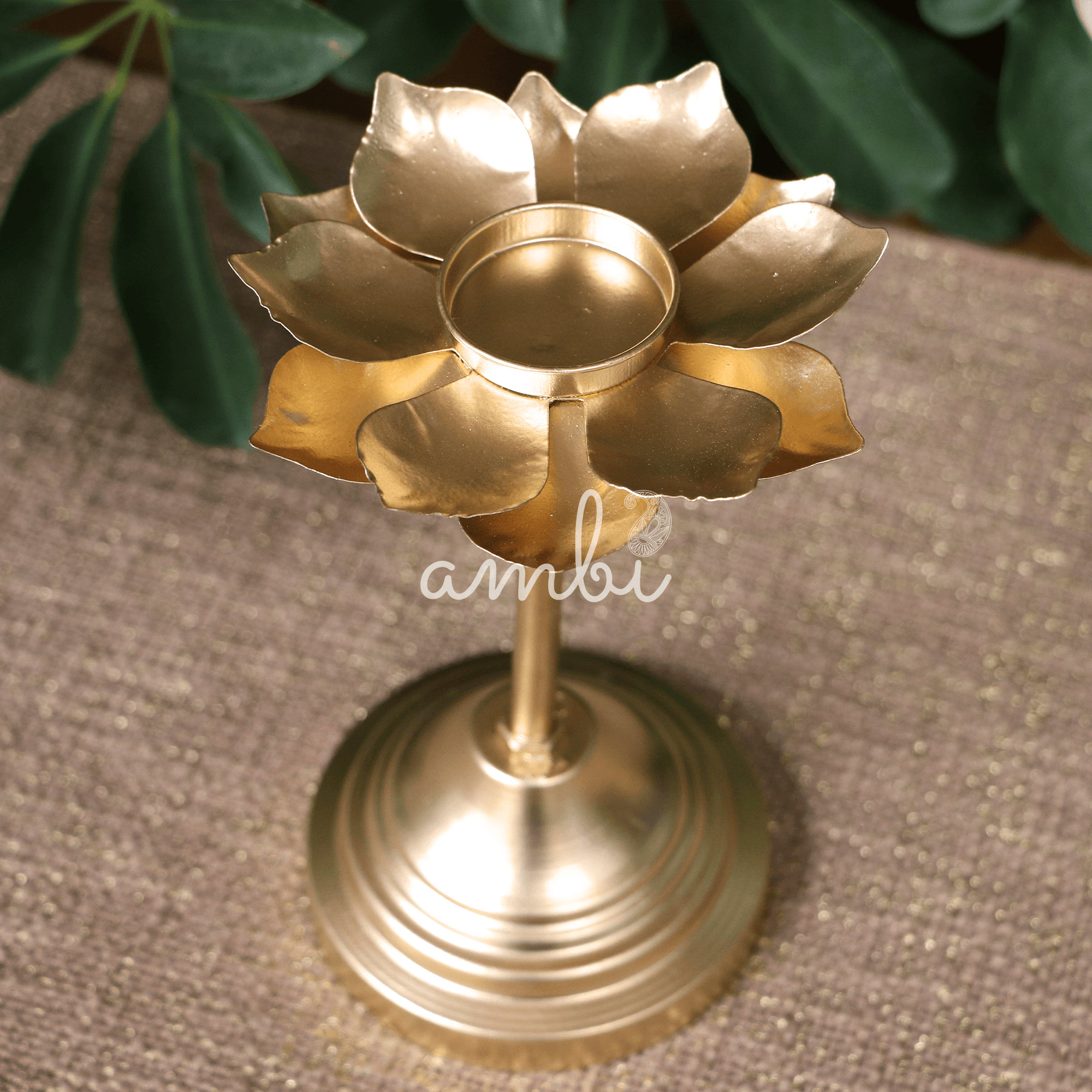 Decorative Golden Lotus Shaped Candle Stand (Metal) - Set of 2