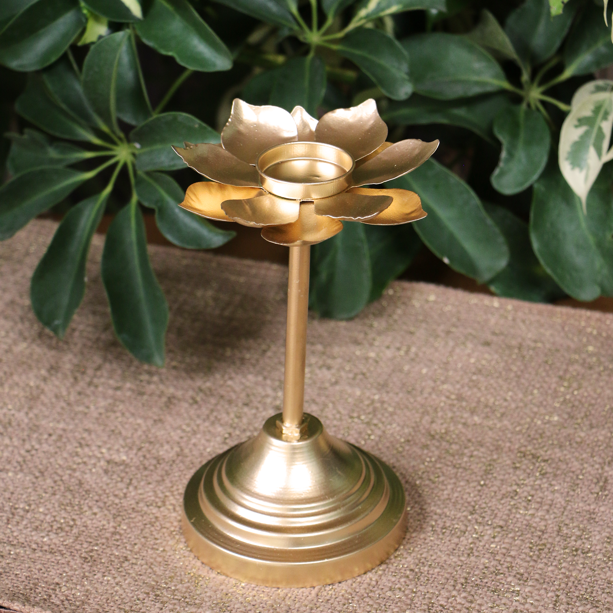Decorative Golden Lotus Shaped Candle Stand (Metal) - Set of 2