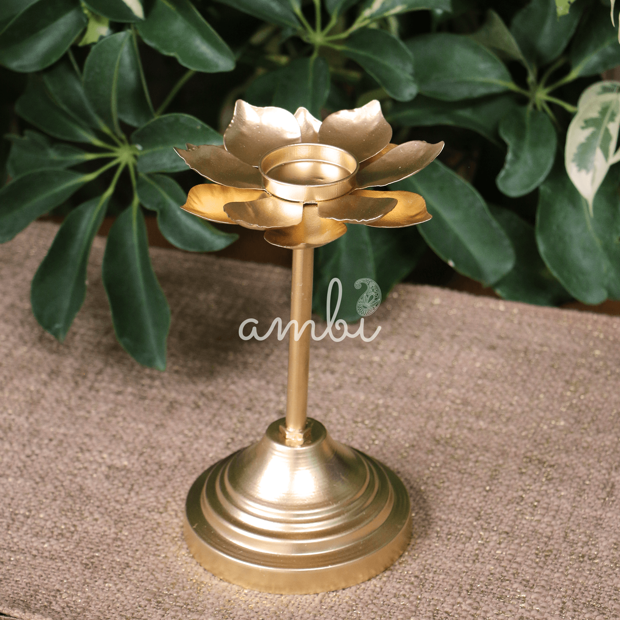 Decorative Golden Lotus Shaped Candle Stand (Metal) - Set of 2