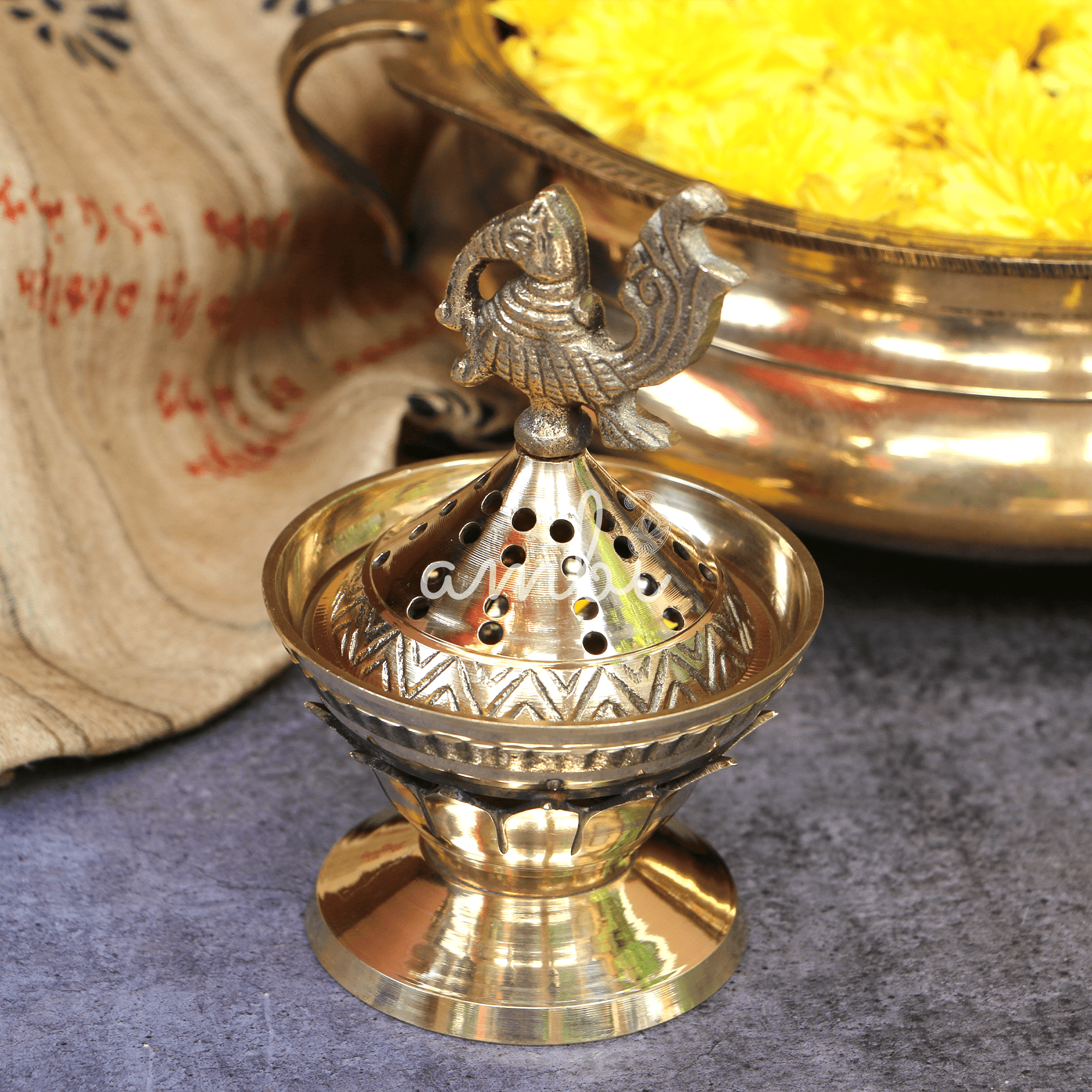 Lotus Base Peacock Top Brass Dhuni Loban Sambrani Incense Burner (small)