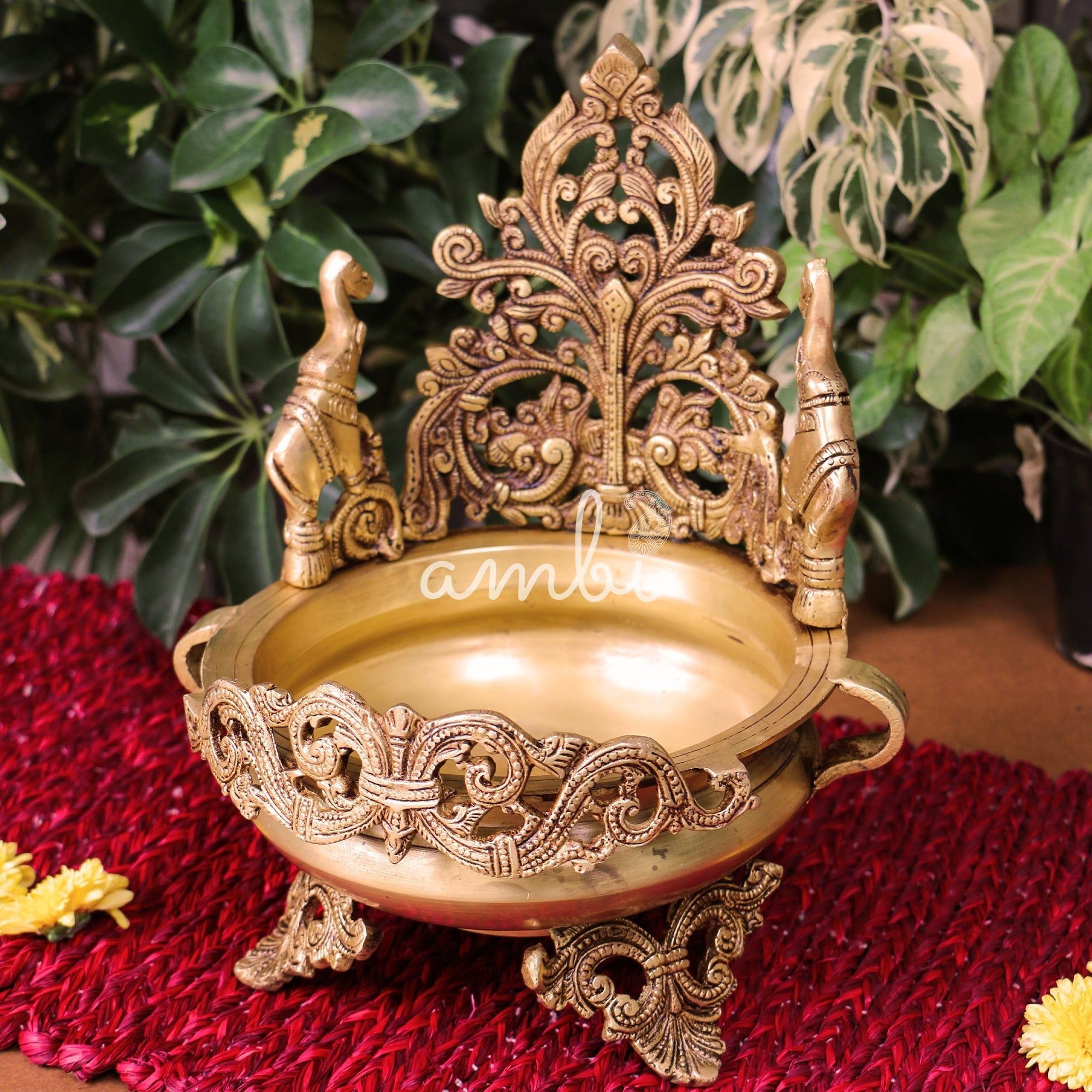 Pure brass Ethnic Traditional Elephant and Flower Designed Urli - Antique Style