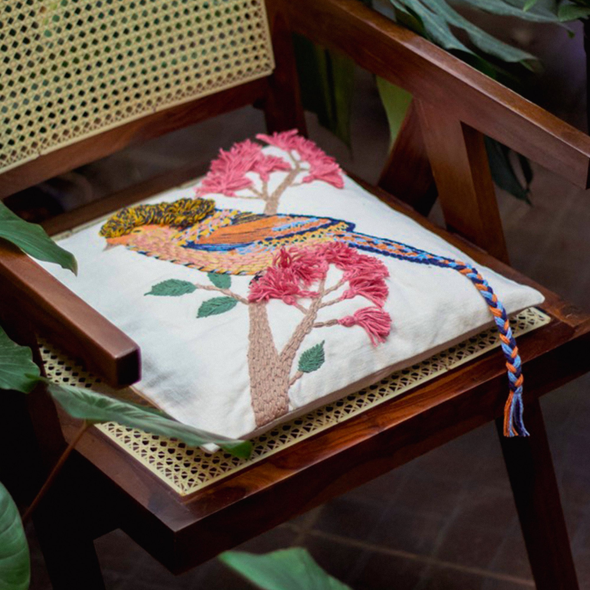 Diwali 2025 Hand-Embroidered Bird Cushion Cover - Set of 2 - 16 X 16 inches
