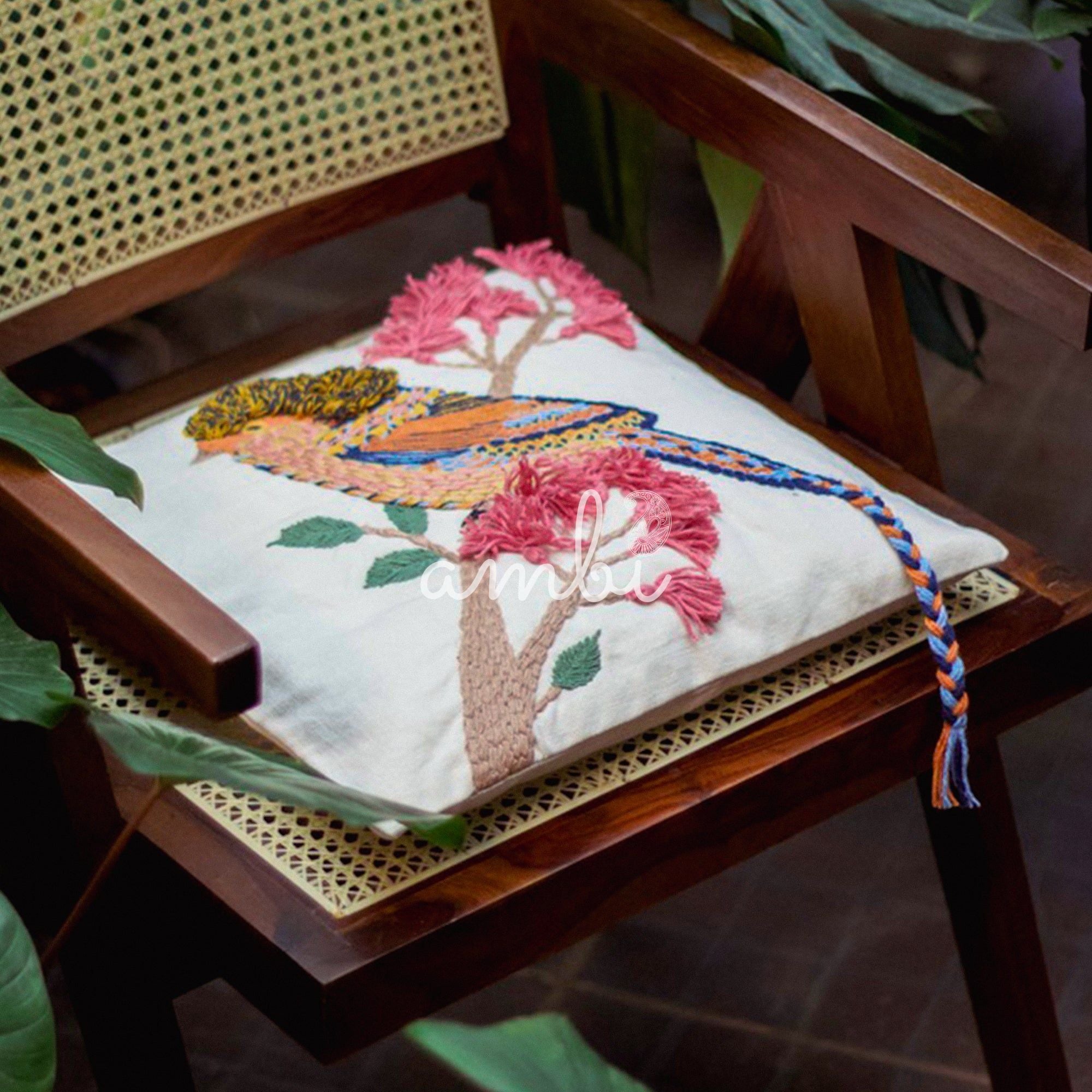 2026 Collection - Hand-Embroidered Bird Cushion Cover - Set of 2 - 16 X 16 inches