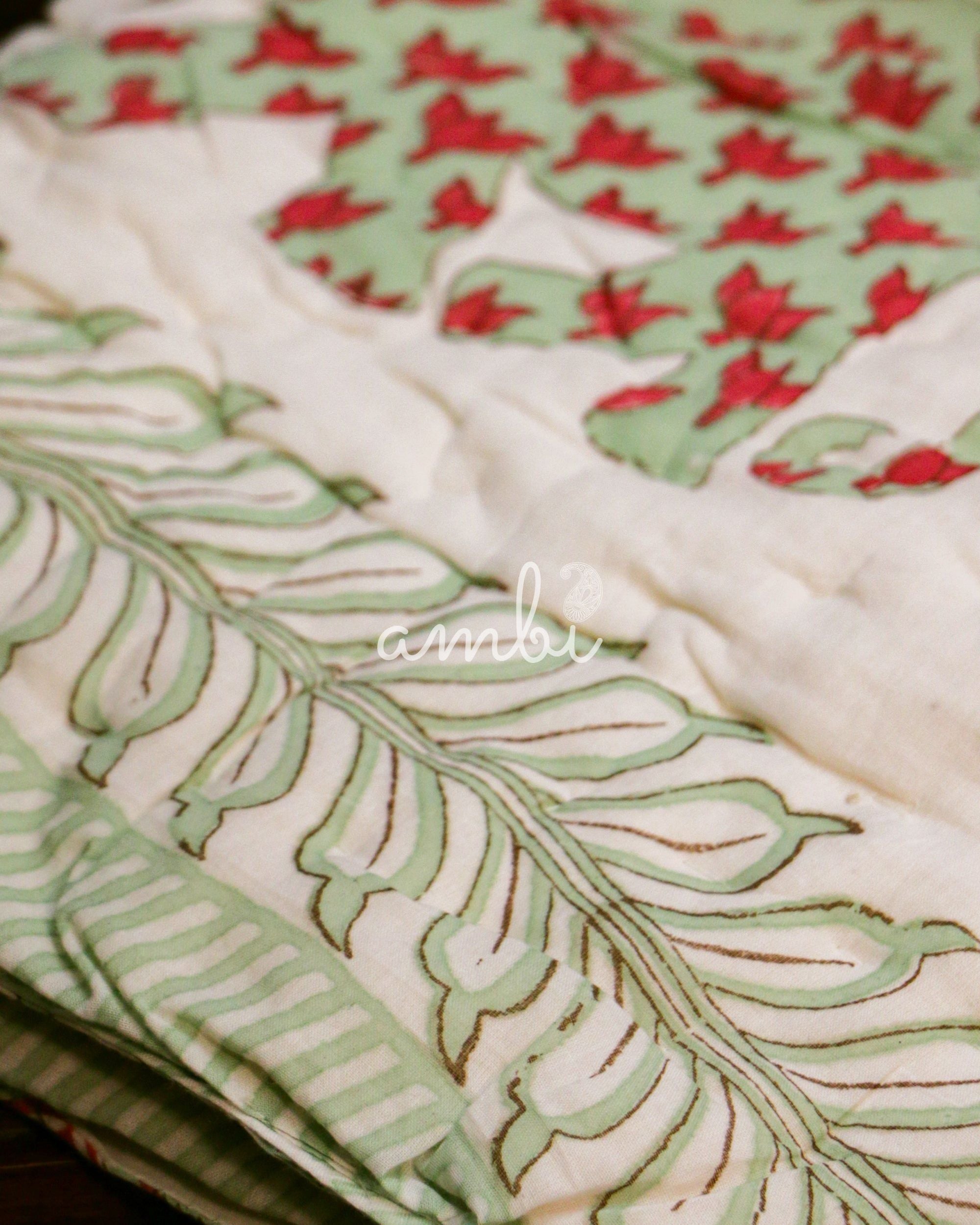 2026 Collection - Elephant Lotus Hand Block Printed Jaipuri Rajai / Quilt- Double - 90X108 Inches