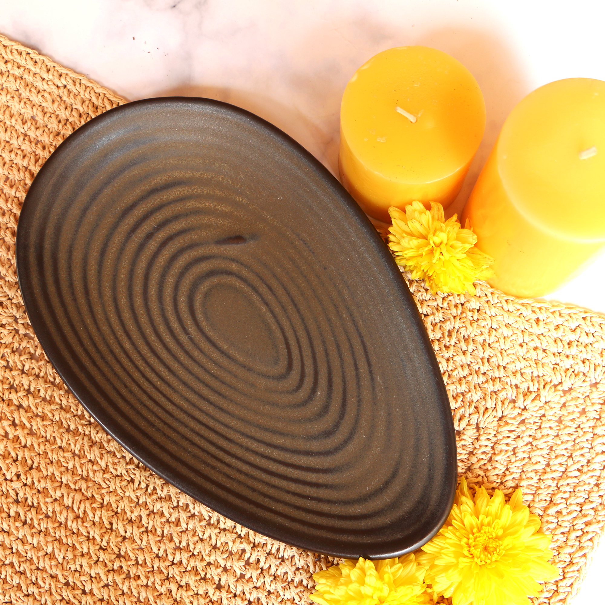 Handmade Ceramic Charcoal Black Almond Serving Platter 10 inches
