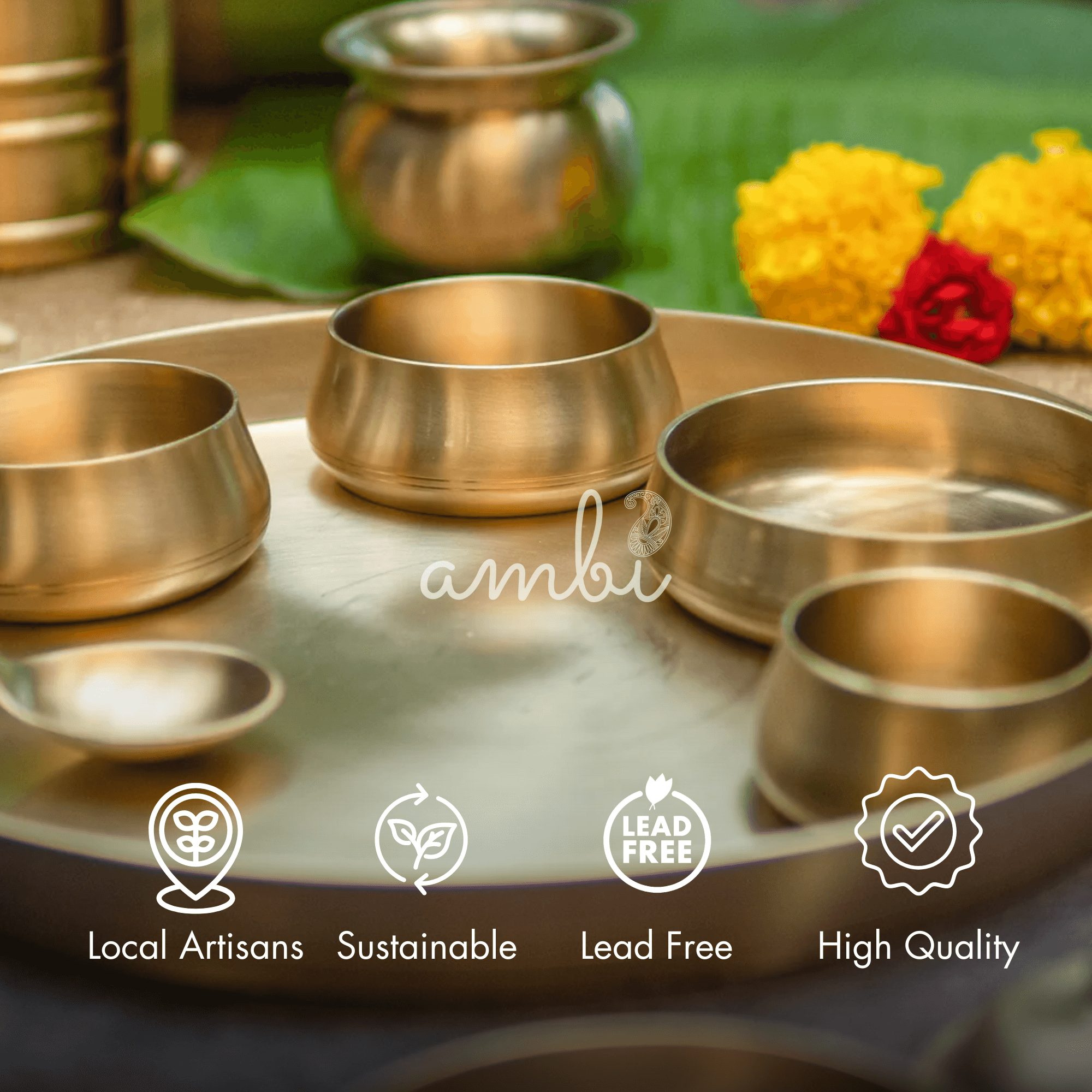 Ambi Pure 100% Lead Free Kansa Curved Thali Set - Set of 6 pieces - Matt Finish Heavy Masterpiece