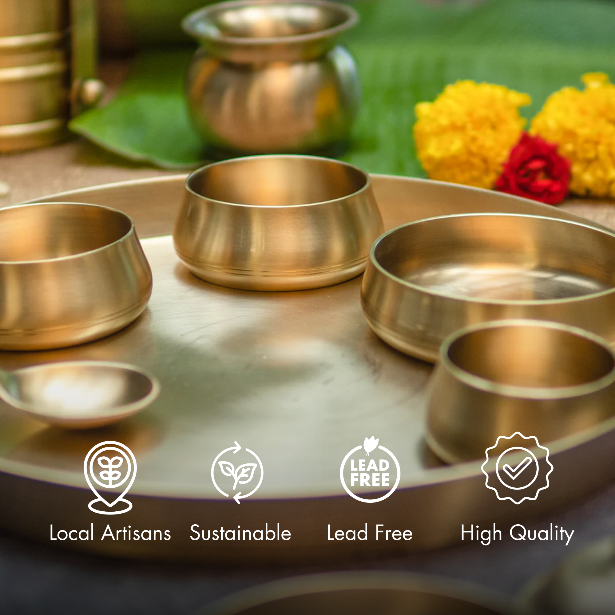 Ambi Pure 100% Lead Free Kansa Curved Thali Set - Set of 6 pieces - Matt Finish Heavy Masterpiece