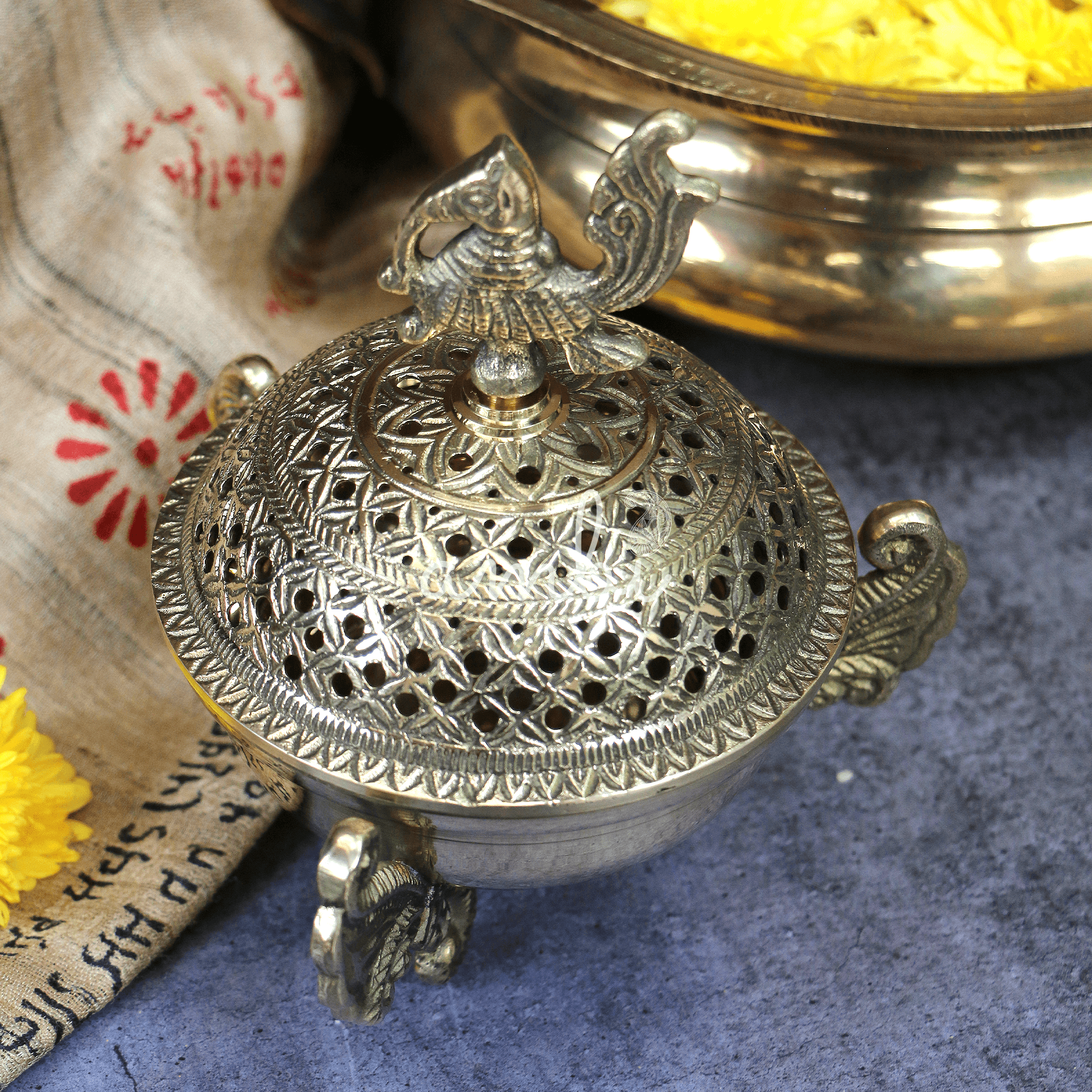 3 Legged Peacock Top Pure Brass Dhuni Loban Sambrani Incense Burner