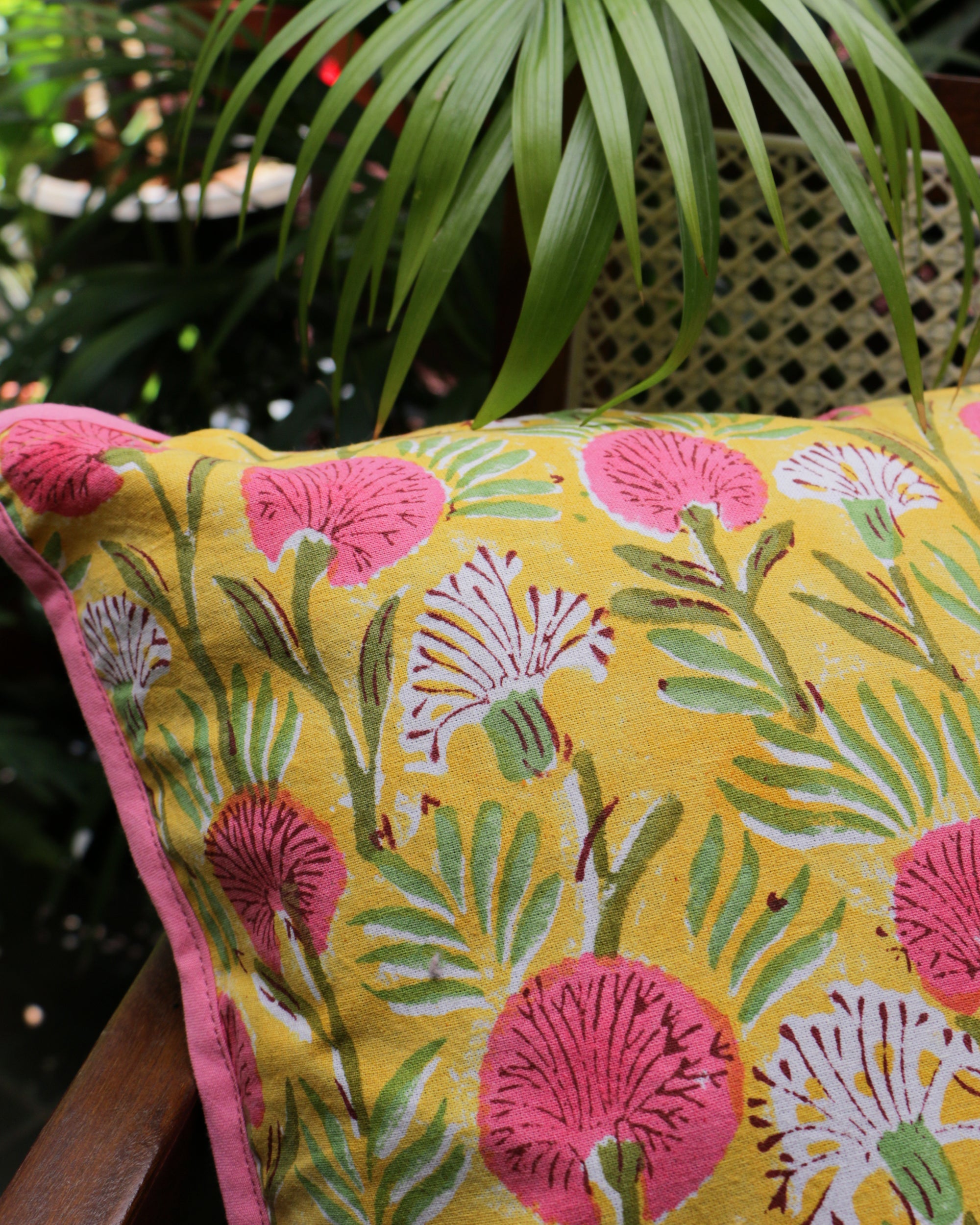 2026 Collection - Hand Block Printed Double Side Cushion Cover Yellow ( Set of 6) - 16 X 16 inches